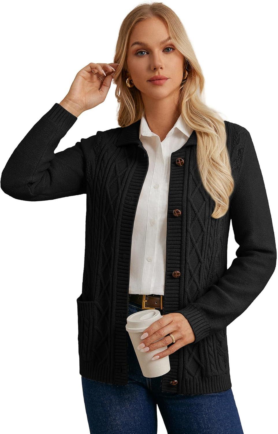 imageGRACE KARIN Womens Long Sleeve Cable Knit Cardigan Sweater Button Up Warm Chunky Cardigan Fall Winter Fashion ClothesBlack
