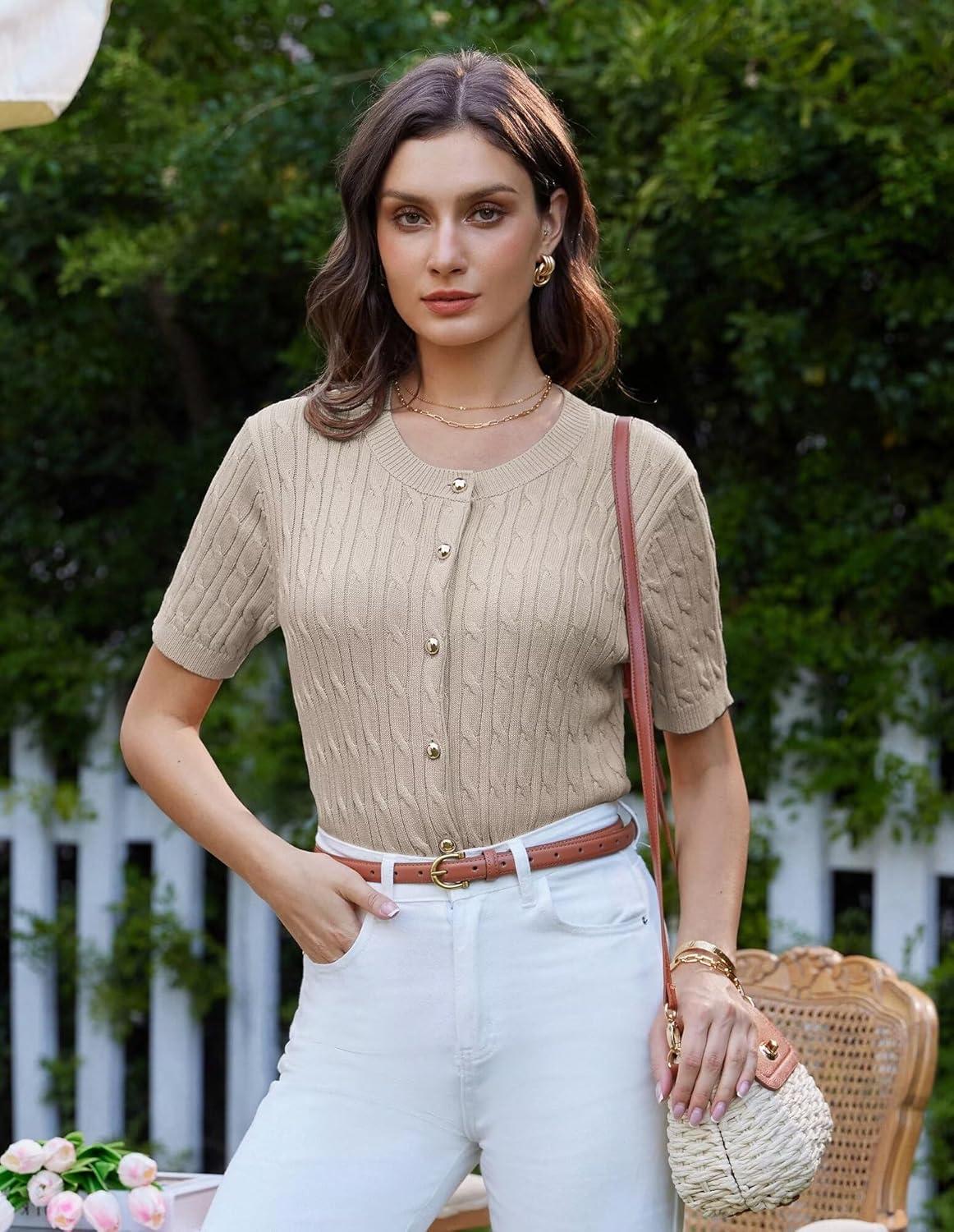 imageGRACE KARIN Womens Short Sleeve Button Up Summer Cardigan Sweater Y2K Cardigan Jacket Runs Big Suggest Size DownApricot