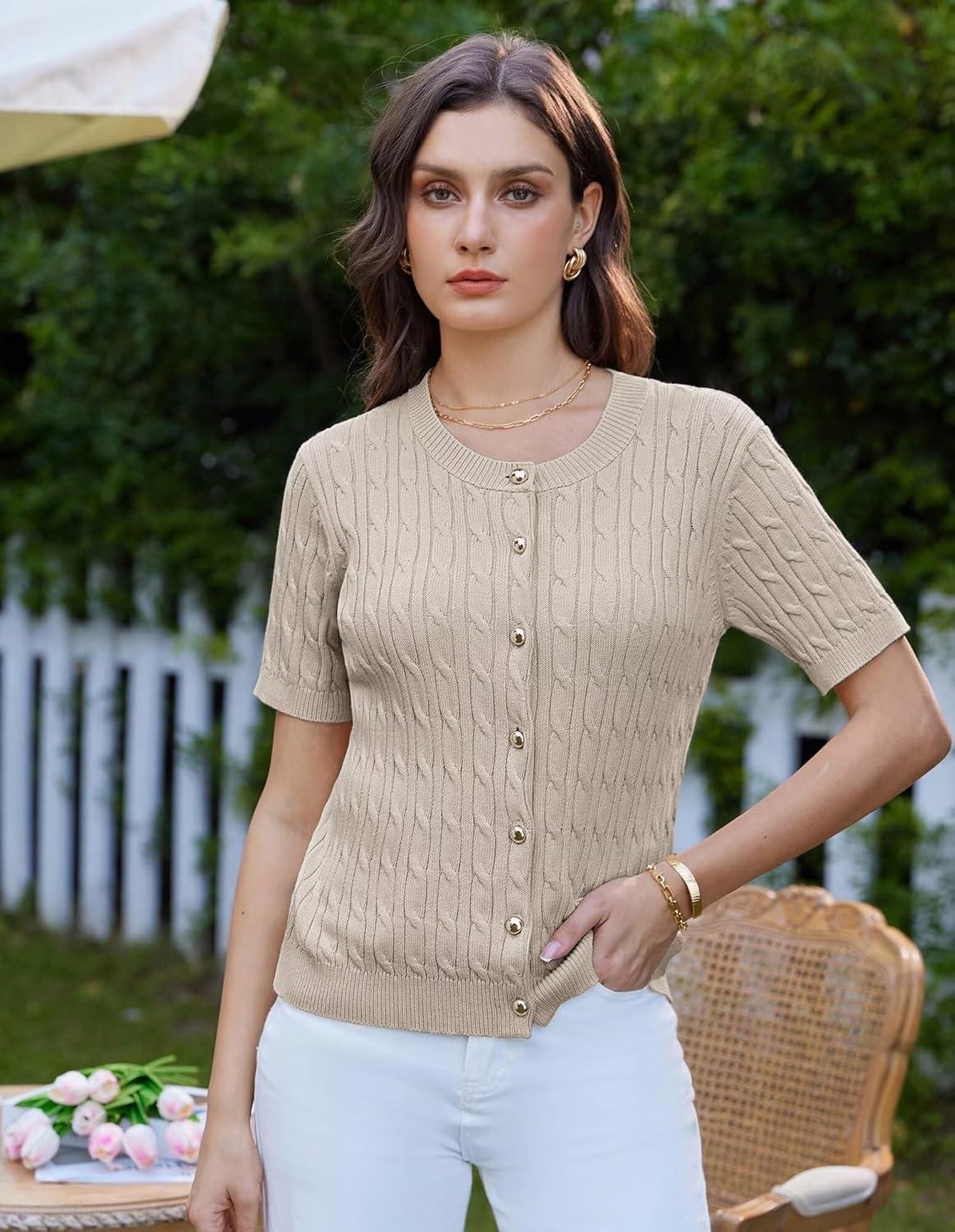 imageGRACE KARIN Womens Short Sleeve Button Up Summer Cardigan Sweater Y2K Cardigan Jacket Runs Big Suggest Size DownApricot