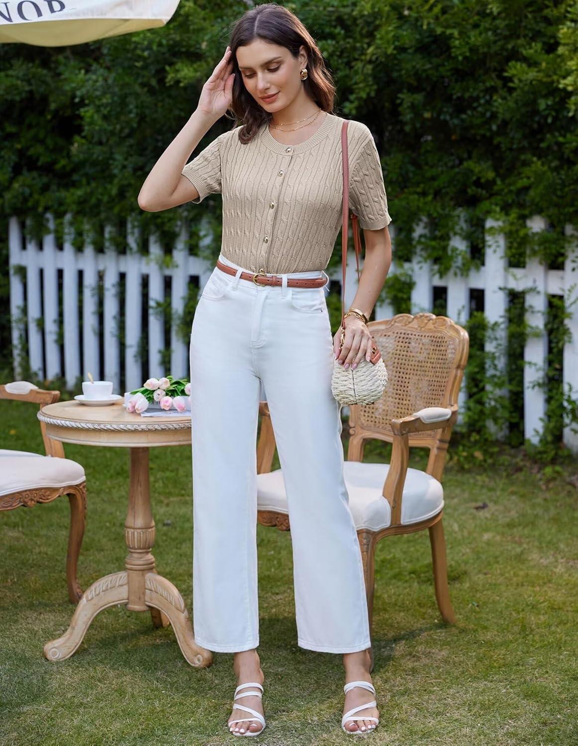 imageGRACE KARIN Womens Short Sleeve Button Up Summer Cardigan Sweater Y2K Cardigan Jacket Runs Big Suggest Size DownApricot