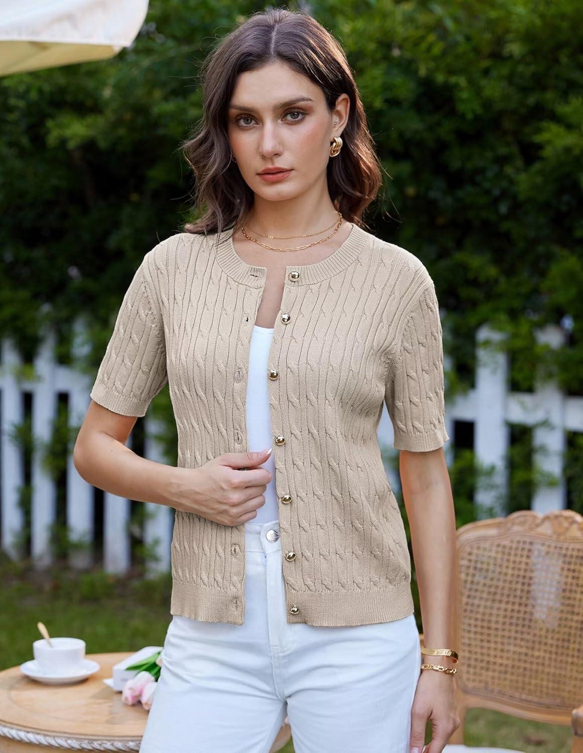 imageGRACE KARIN Womens Short Sleeve Button Up Summer Cardigan Sweater Y2K Cardigan Jacket Runs Big Suggest Size DownApricot