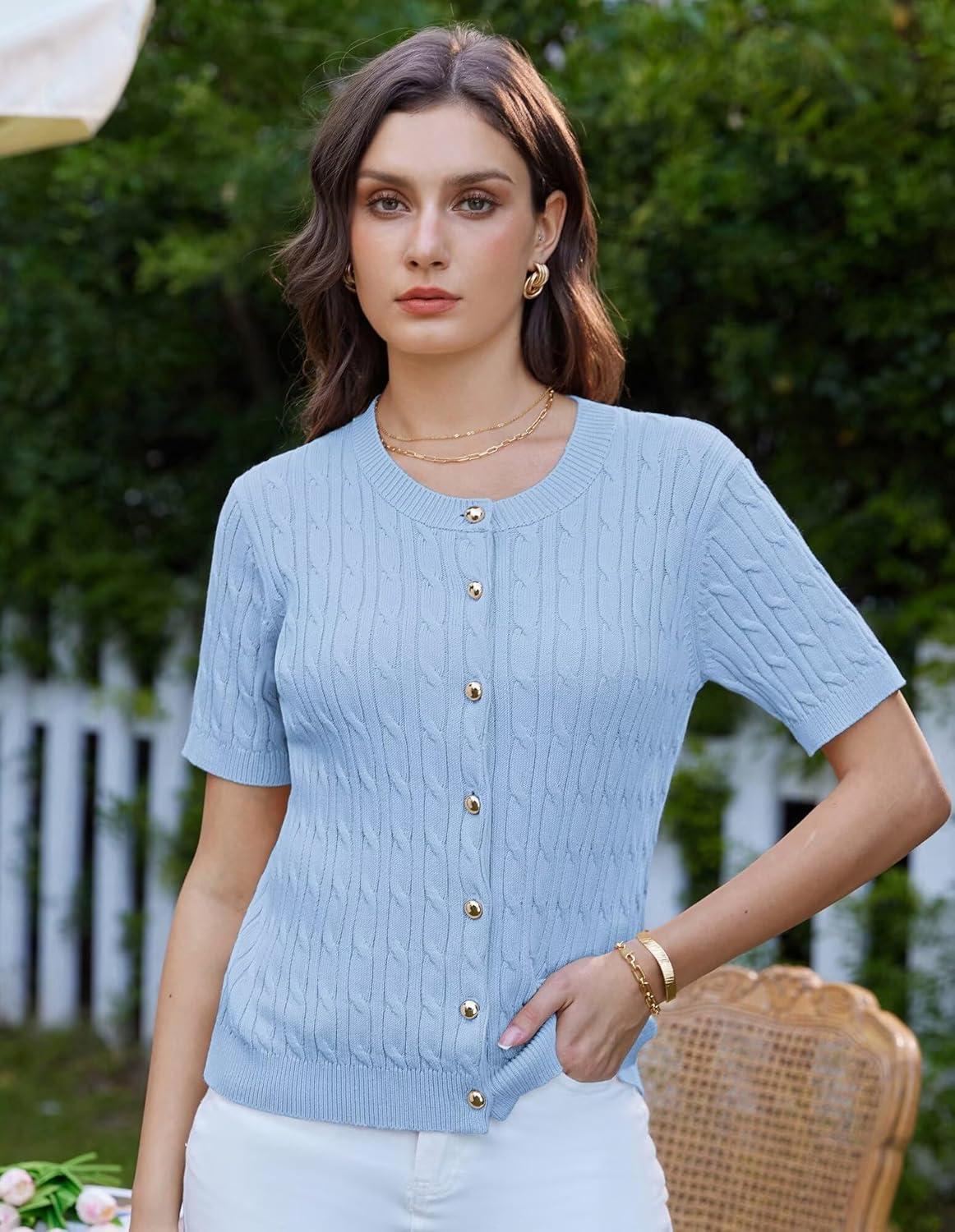 imageGRACE KARIN Womens Short Sleeve Button Up Summer Cardigan Sweater Y2K Cardigan Jacket Runs Big Suggest Size DownLight Blue