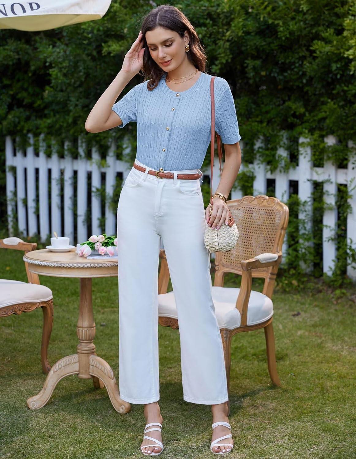 imageGRACE KARIN Womens Short Sleeve Button Up Summer Cardigan Sweater Y2K Cardigan Jacket Runs Big Suggest Size DownLight Blue