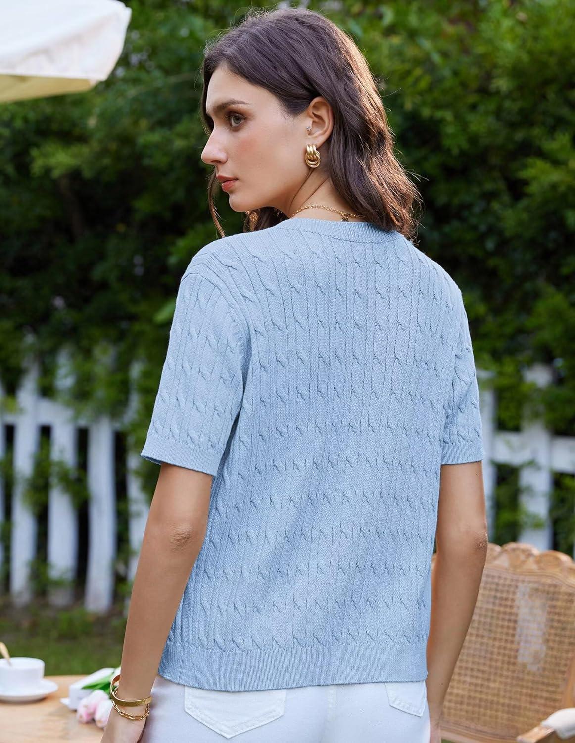 imageGRACE KARIN Womens Short Sleeve Button Up Summer Cardigan Sweater Y2K Cardigan Jacket Runs Big Suggest Size DownLight Blue