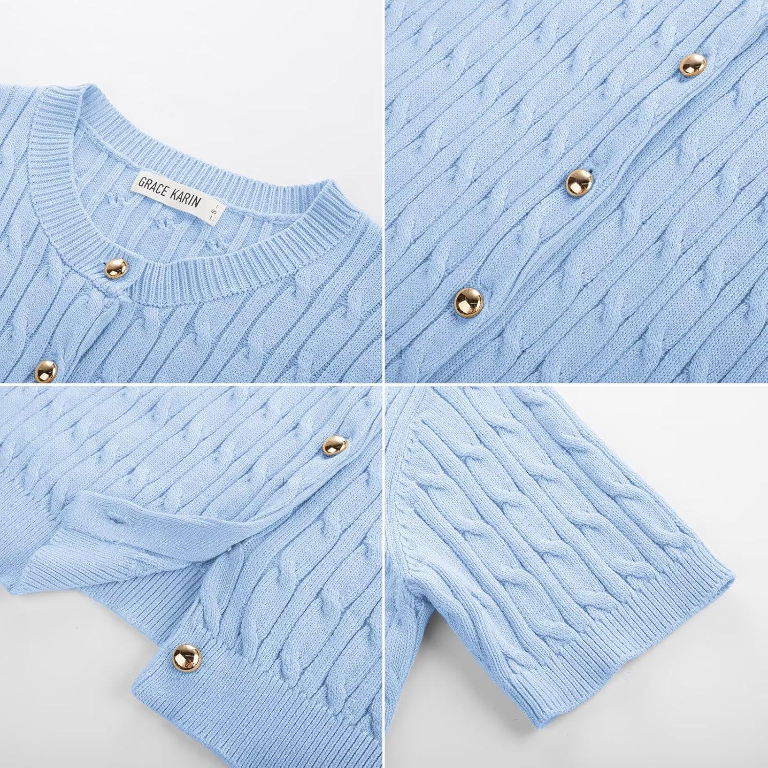 imageGRACE KARIN Womens Short Sleeve Button Up Summer Cardigan Sweater Y2K Cardigan Jacket Runs Big Suggest Size DownLight Blue
