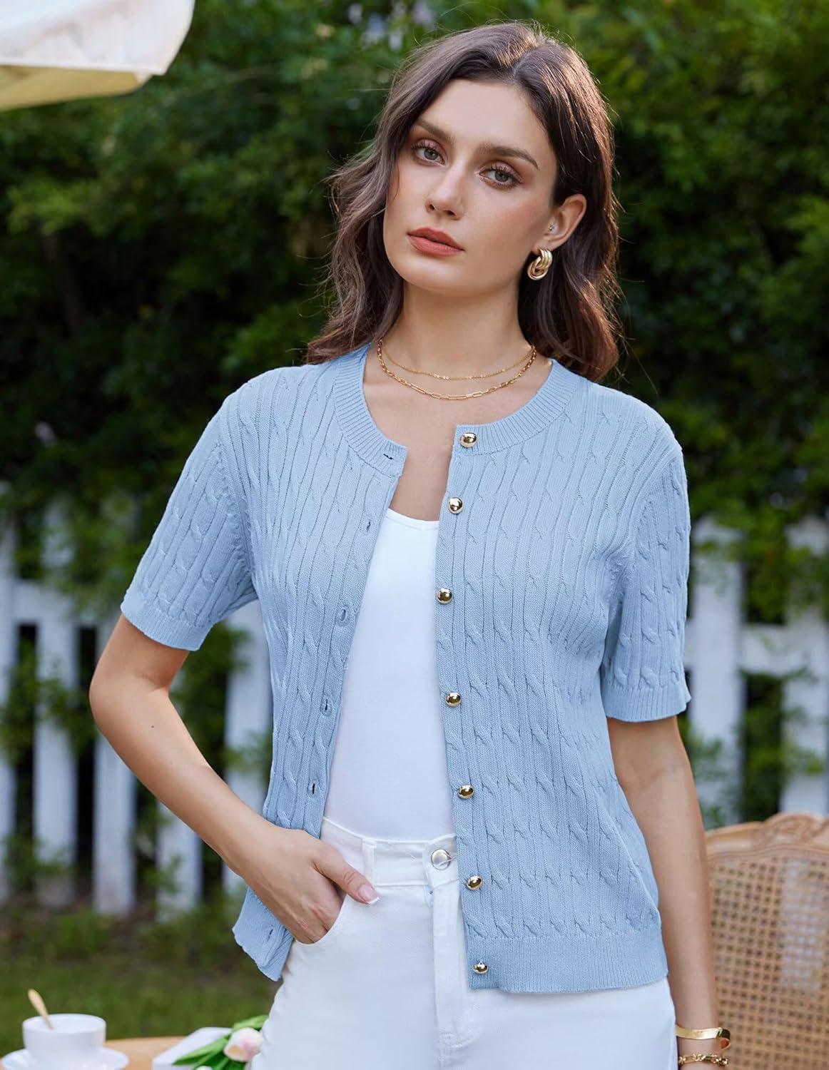 imageGRACE KARIN Womens Short Sleeve Button Up Summer Cardigan Sweater Y2K Cardigan Jacket Runs Big Suggest Size DownLight Blue