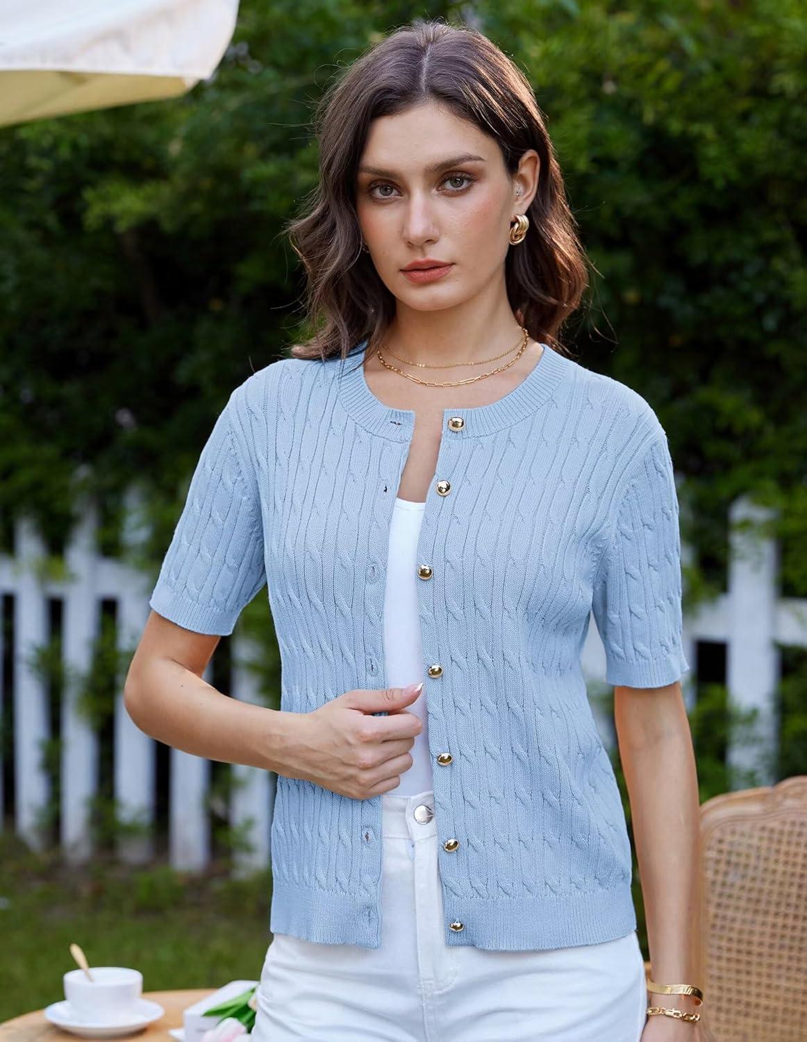 imageGRACE KARIN Womens Short Sleeve Button Up Summer Cardigan Sweater Y2K Cardigan Jacket Runs Big Suggest Size DownLight Blue