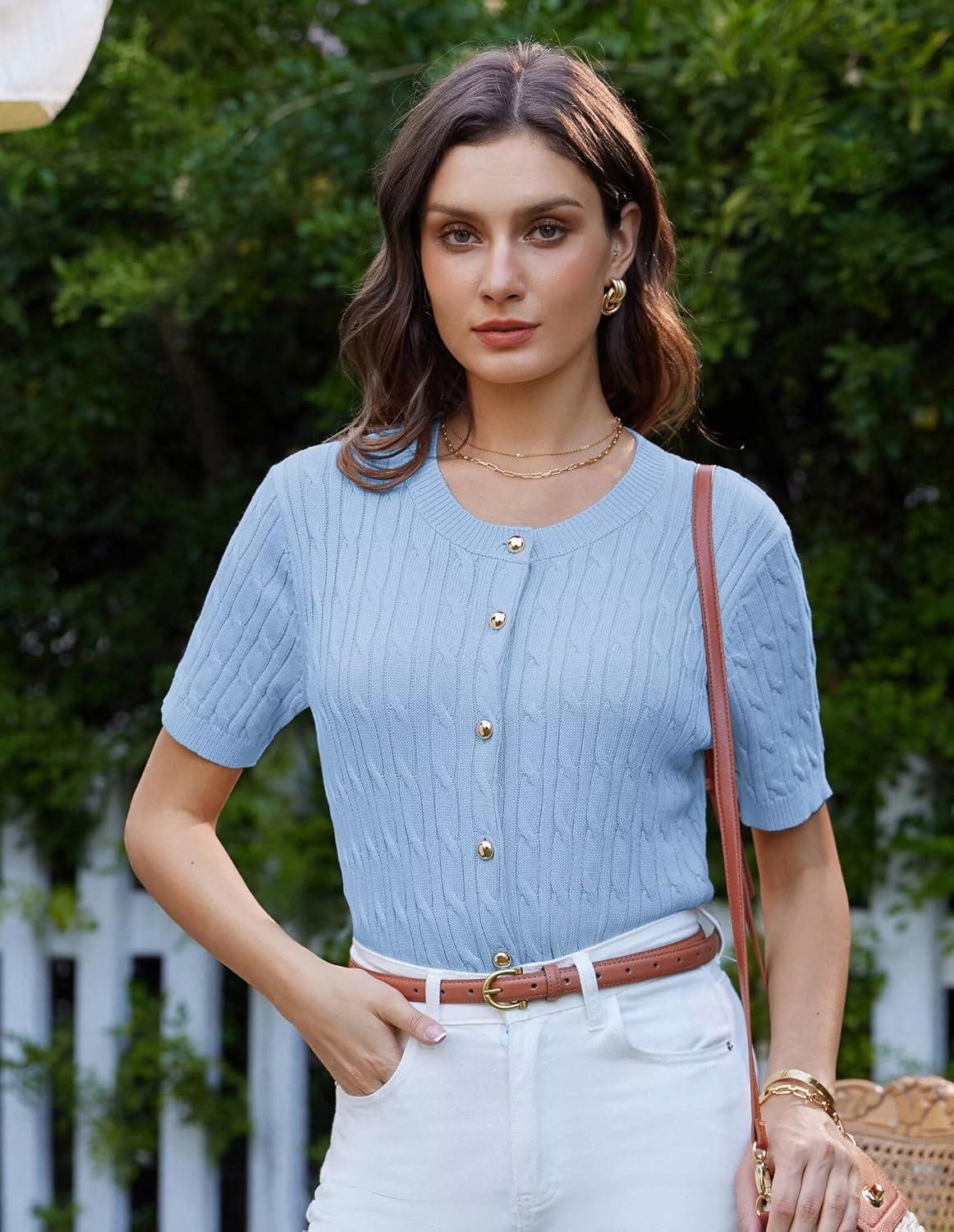 imageGRACE KARIN Womens Short Sleeve Button Up Summer Cardigan Sweater Y2K Cardigan Jacket Runs Big Suggest Size DownLight Blue