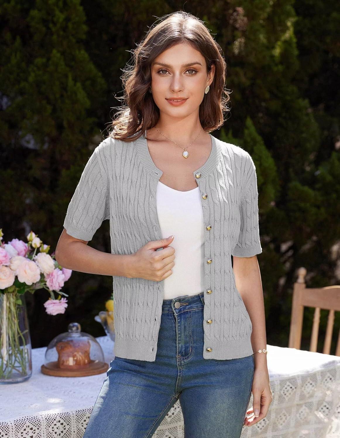 imageGRACE KARIN Womens Short Sleeve Button Up Summer Cardigan Sweater Y2K Cardigan Jacket Runs Big Suggest Size DownLight Gray