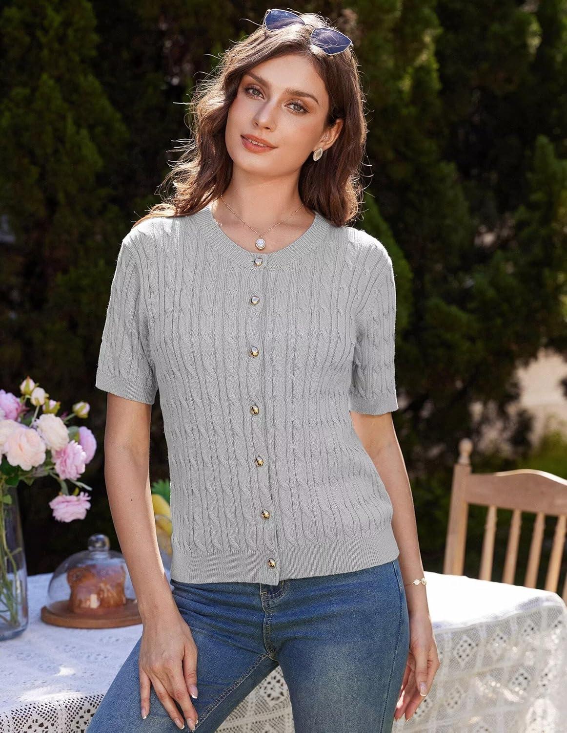 imageGRACE KARIN Womens Short Sleeve Button Up Summer Cardigan Sweater Y2K Cardigan Jacket Runs Big Suggest Size DownLight Gray