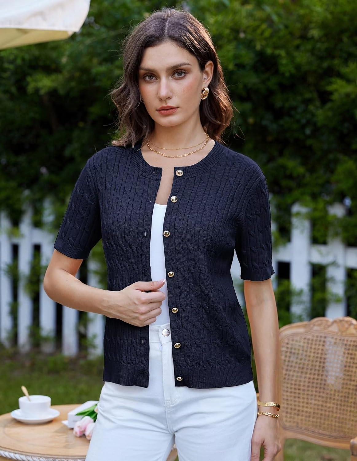imageGRACE KARIN Womens Short Sleeve Button Up Summer Cardigan Sweater Y2K Cardigan Jacket Runs Big Suggest Size DownNavy Blue