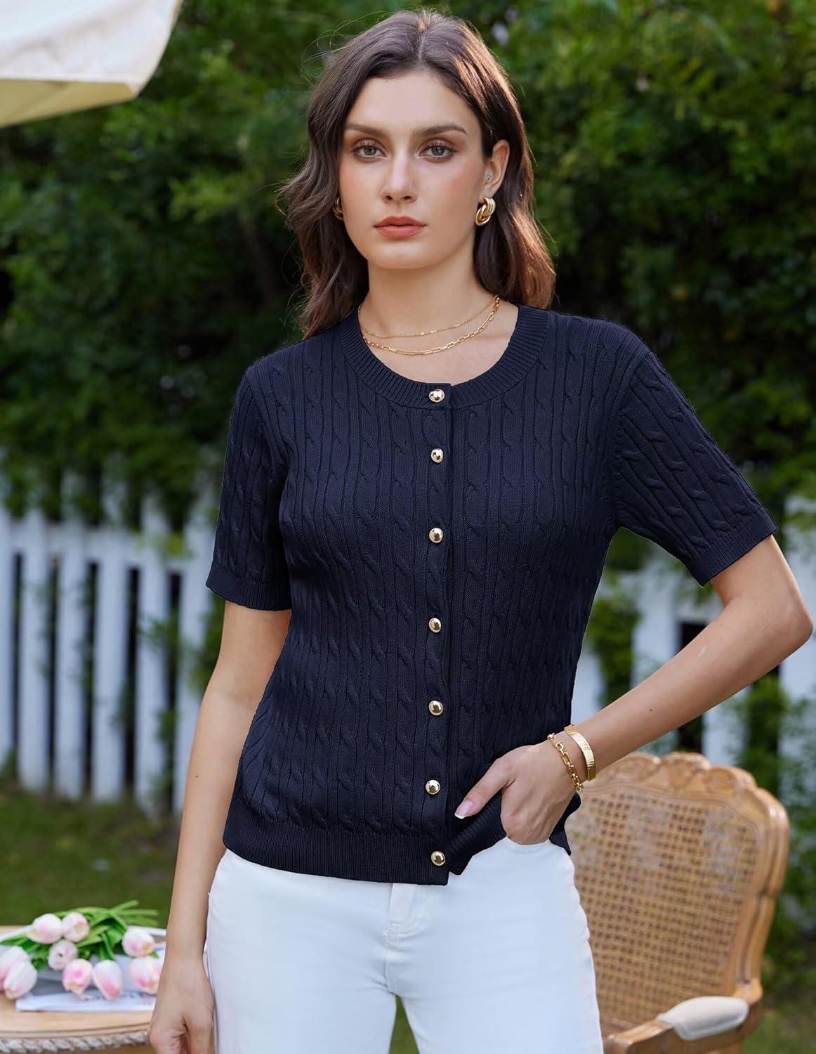 imageGRACE KARIN Womens Short Sleeve Button Up Summer Cardigan Sweater Y2K Cardigan Jacket Runs Big Suggest Size DownNavy Blue