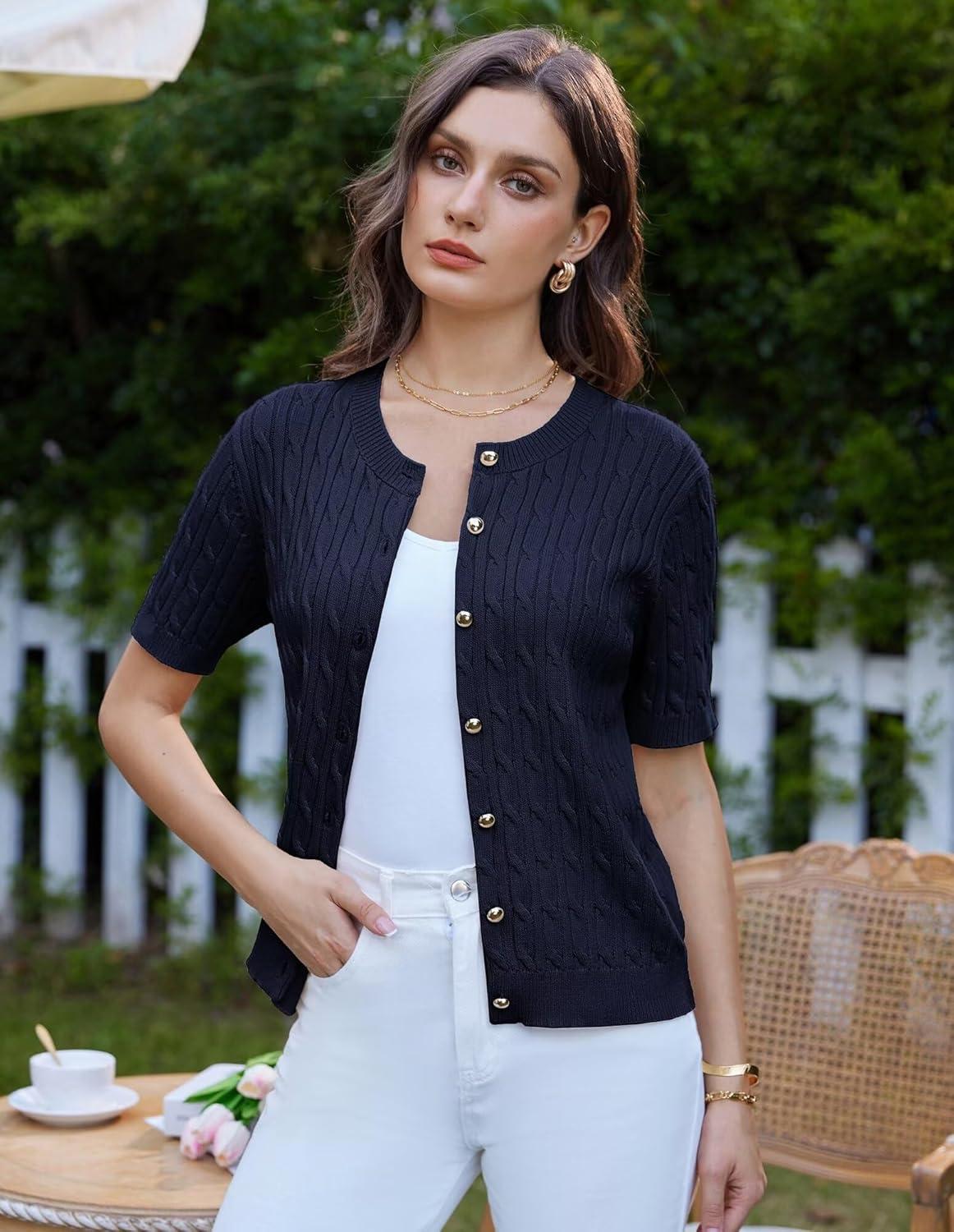 imageGRACE KARIN Womens Short Sleeve Button Up Summer Cardigan Sweater Y2K Cardigan Jacket Runs Big Suggest Size DownNavy Blue