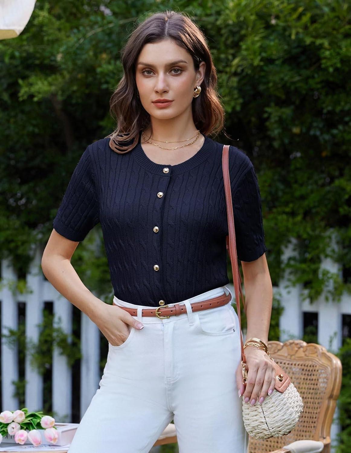 imageGRACE KARIN Womens Short Sleeve Button Up Summer Cardigan Sweater Y2K Cardigan Jacket Runs Big Suggest Size DownNavy Blue