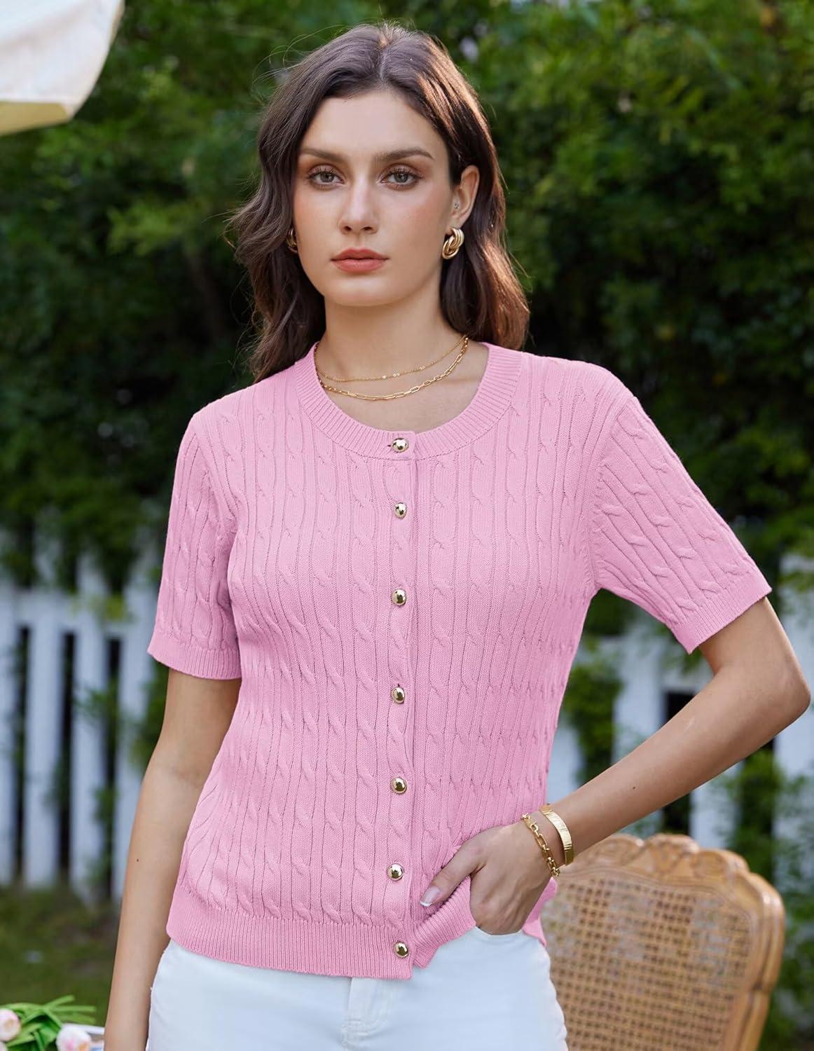 imageGRACE KARIN Womens Short Sleeve Button Up Summer Cardigan Sweater Y2K Cardigan Jacket Runs Big Suggest Size DownPink