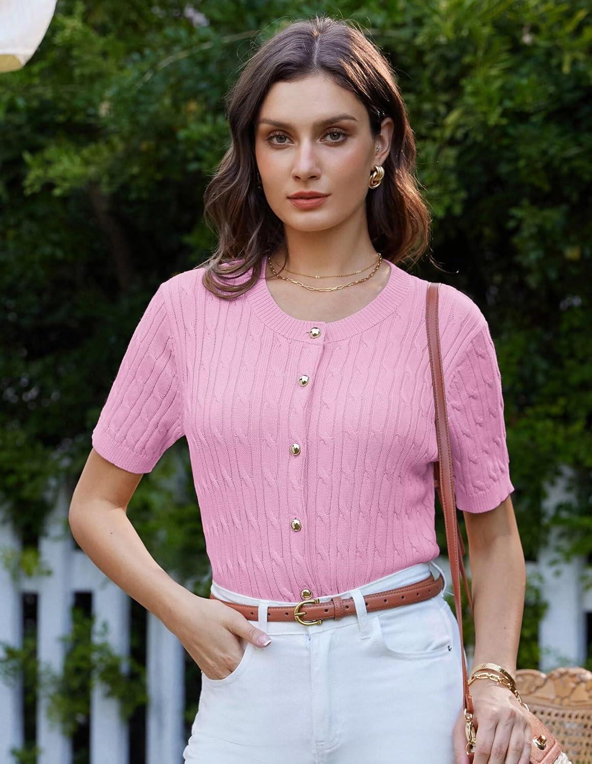 imageGRACE KARIN Womens Short Sleeve Button Up Summer Cardigan Sweater Y2K Cardigan Jacket Runs Big Suggest Size DownPink