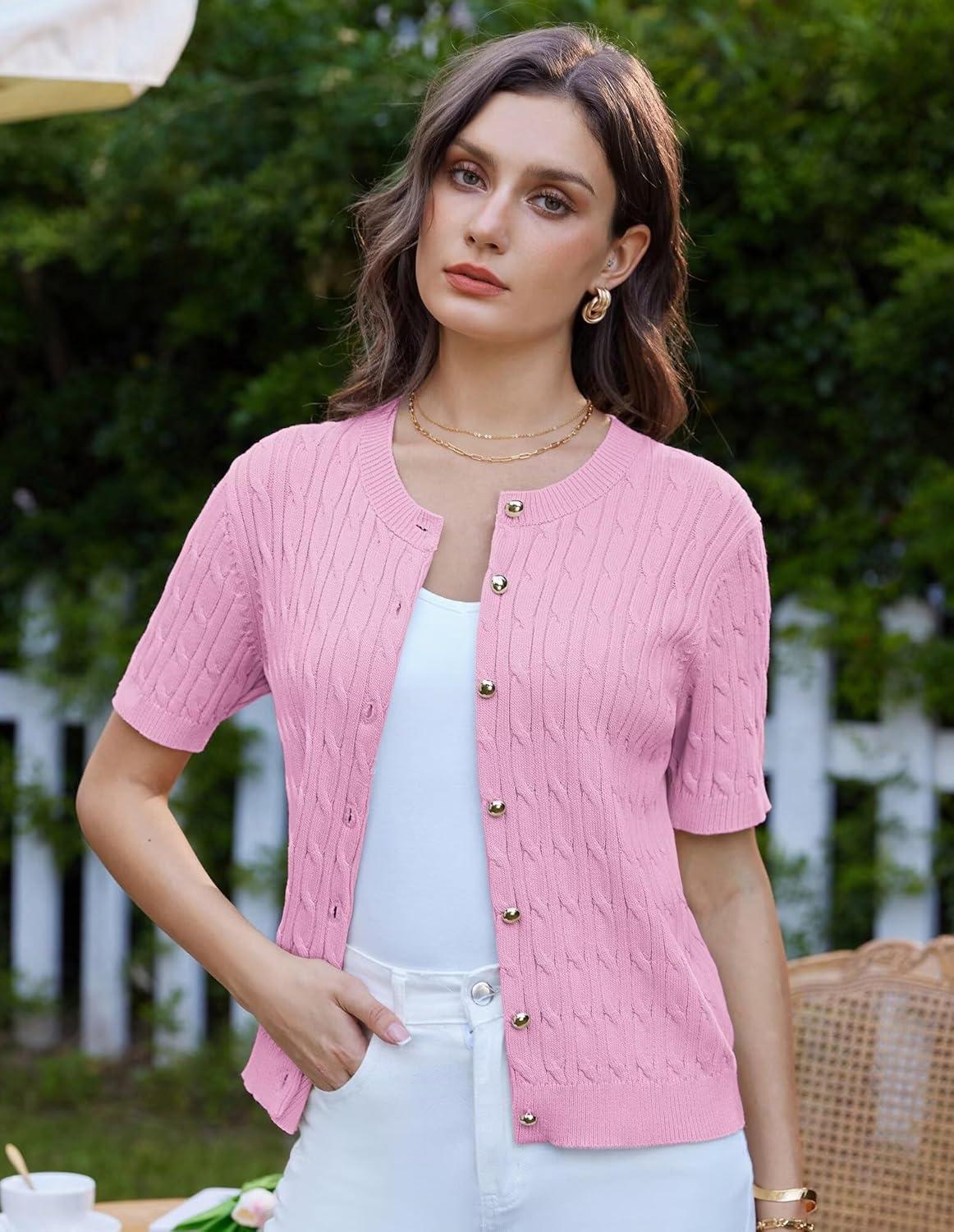imageGRACE KARIN Womens Short Sleeve Button Up Summer Cardigan Sweater Y2K Cardigan Jacket Runs Big Suggest Size DownPink