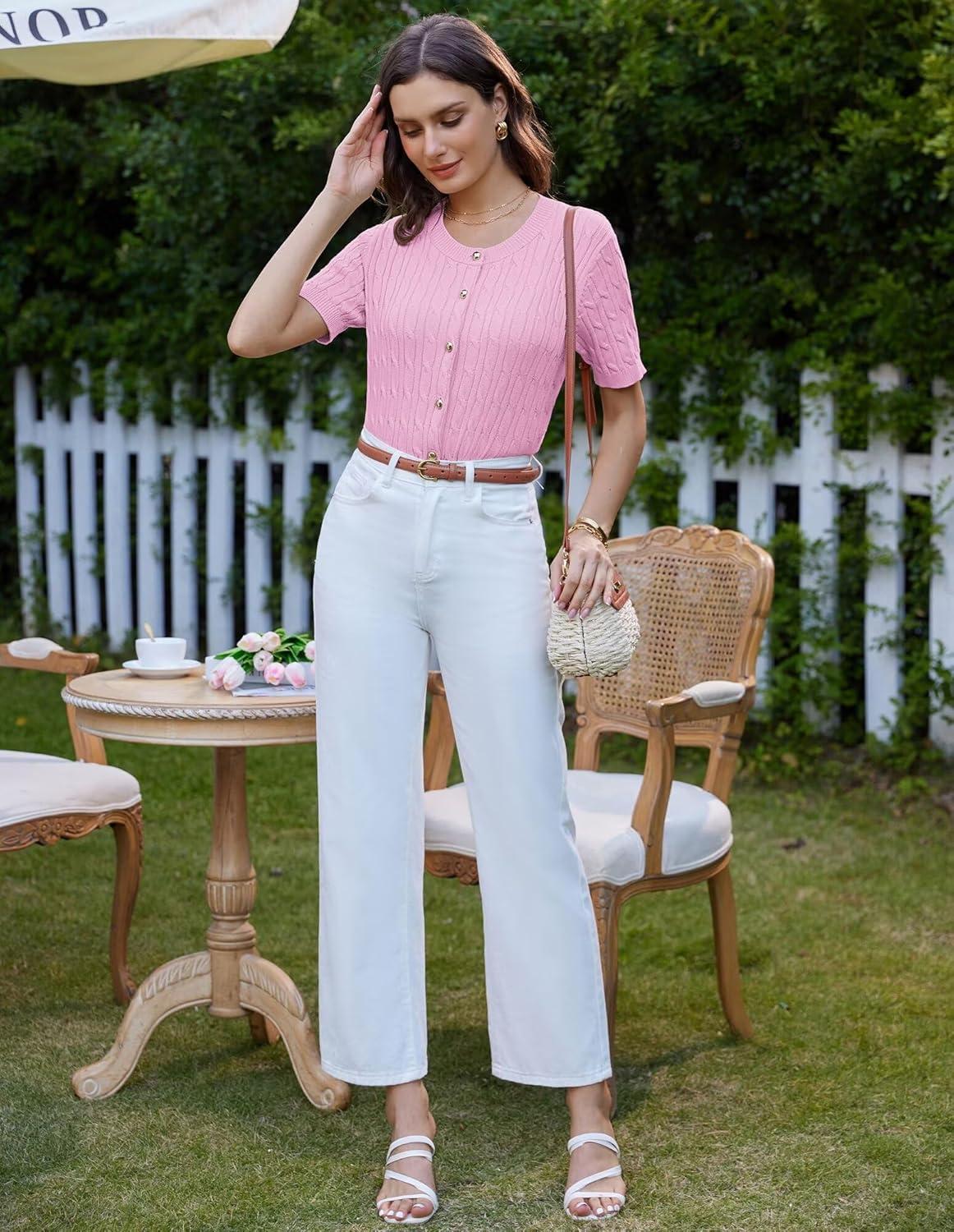 imageGRACE KARIN Womens Short Sleeve Button Up Summer Cardigan Sweater Y2K Cardigan Jacket Runs Big Suggest Size DownPink
