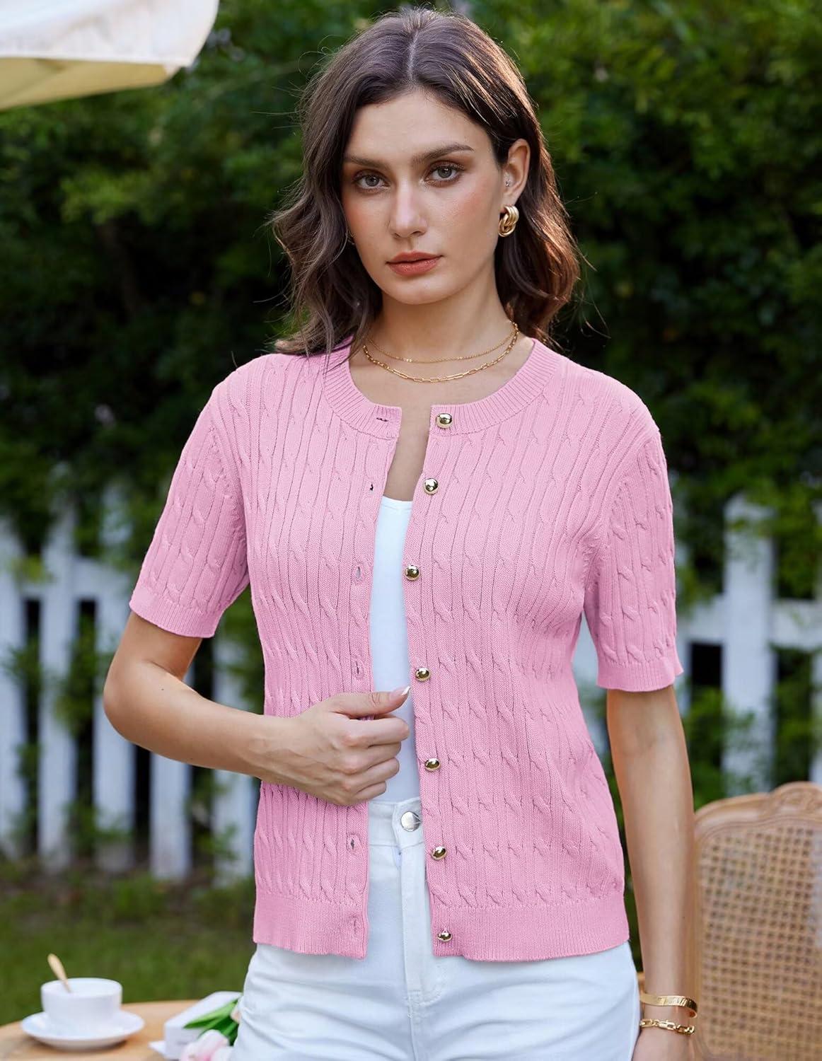 imageGRACE KARIN Womens Short Sleeve Button Up Summer Cardigan Sweater Y2K Cardigan Jacket Runs Big Suggest Size DownPink