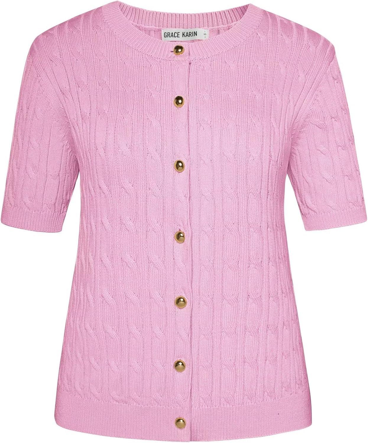 imageGRACE KARIN Womens Short Sleeve Button Up Summer Cardigan Sweater Y2K Cardigan Jacket Runs Big Suggest Size DownPink