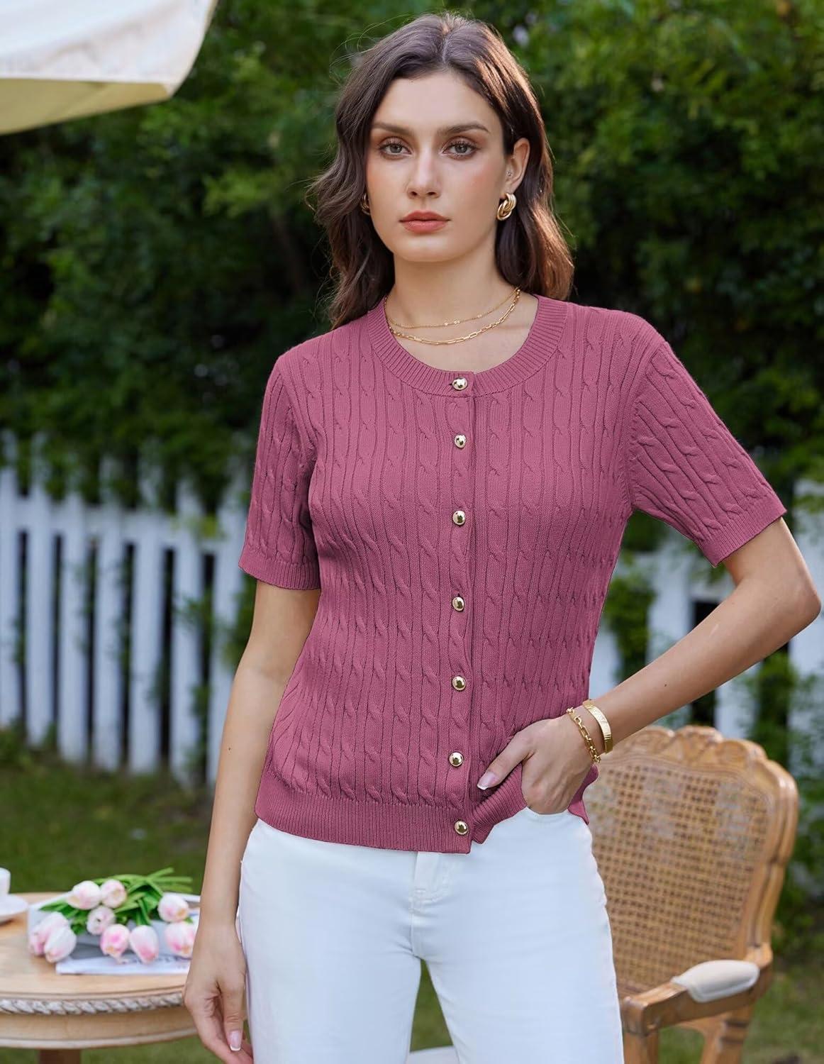 imageGRACE KARIN Womens Short Sleeve Button Up Summer Cardigan Sweater Y2K Cardigan Jacket Runs Big Suggest Size DownRose Red