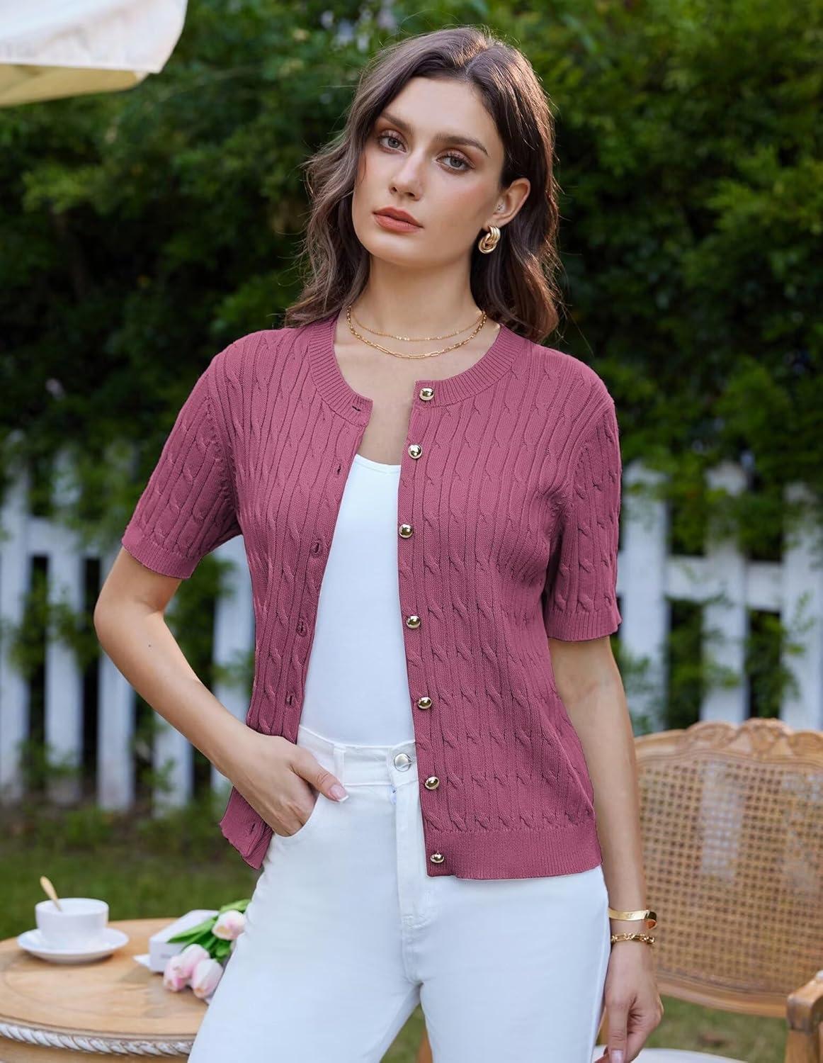 imageGRACE KARIN Womens Short Sleeve Button Up Summer Cardigan Sweater Y2K Cardigan Jacket Runs Big Suggest Size DownRose Red
