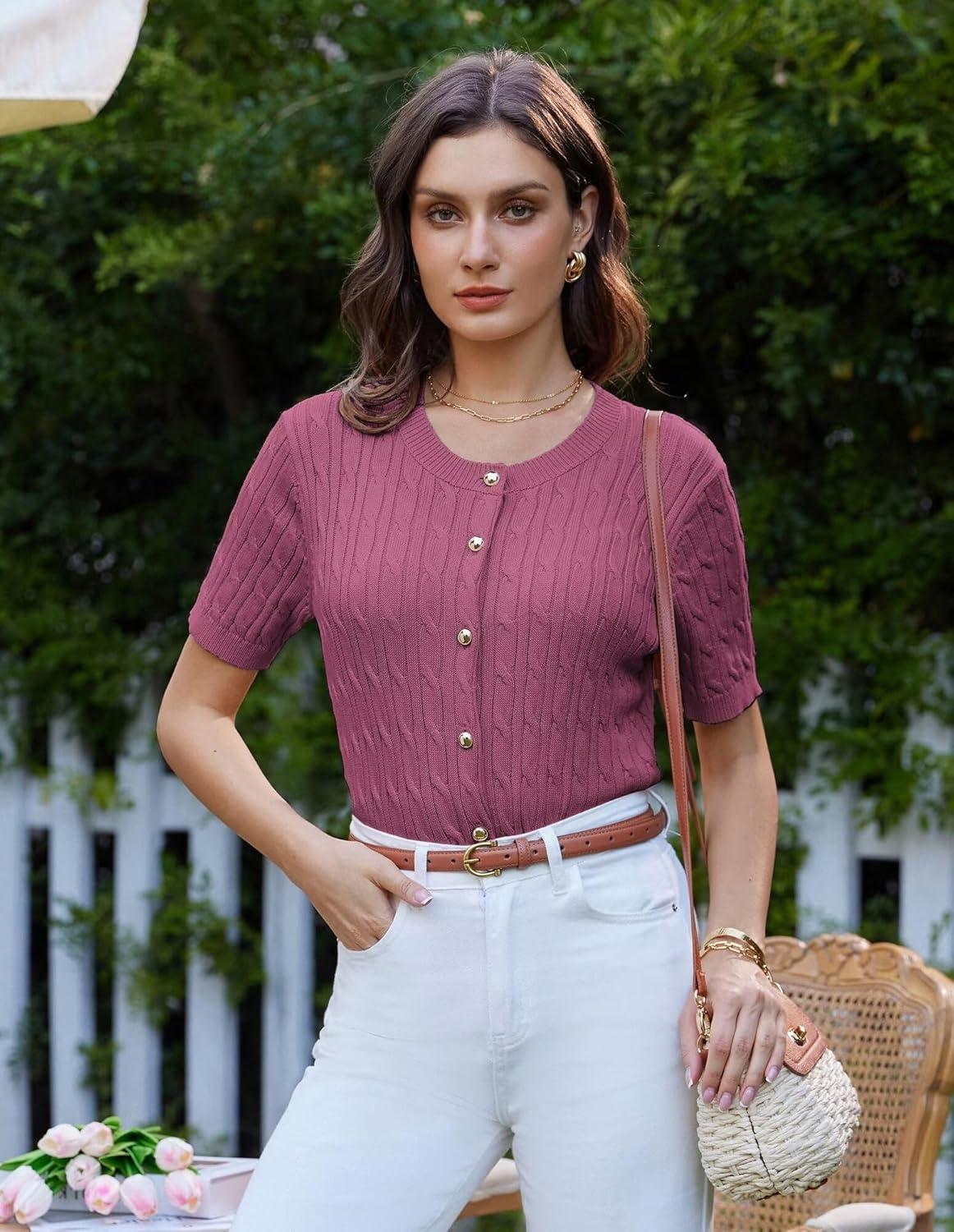 imageGRACE KARIN Womens Short Sleeve Button Up Summer Cardigan Sweater Y2K Cardigan Jacket Runs Big Suggest Size DownRose Red