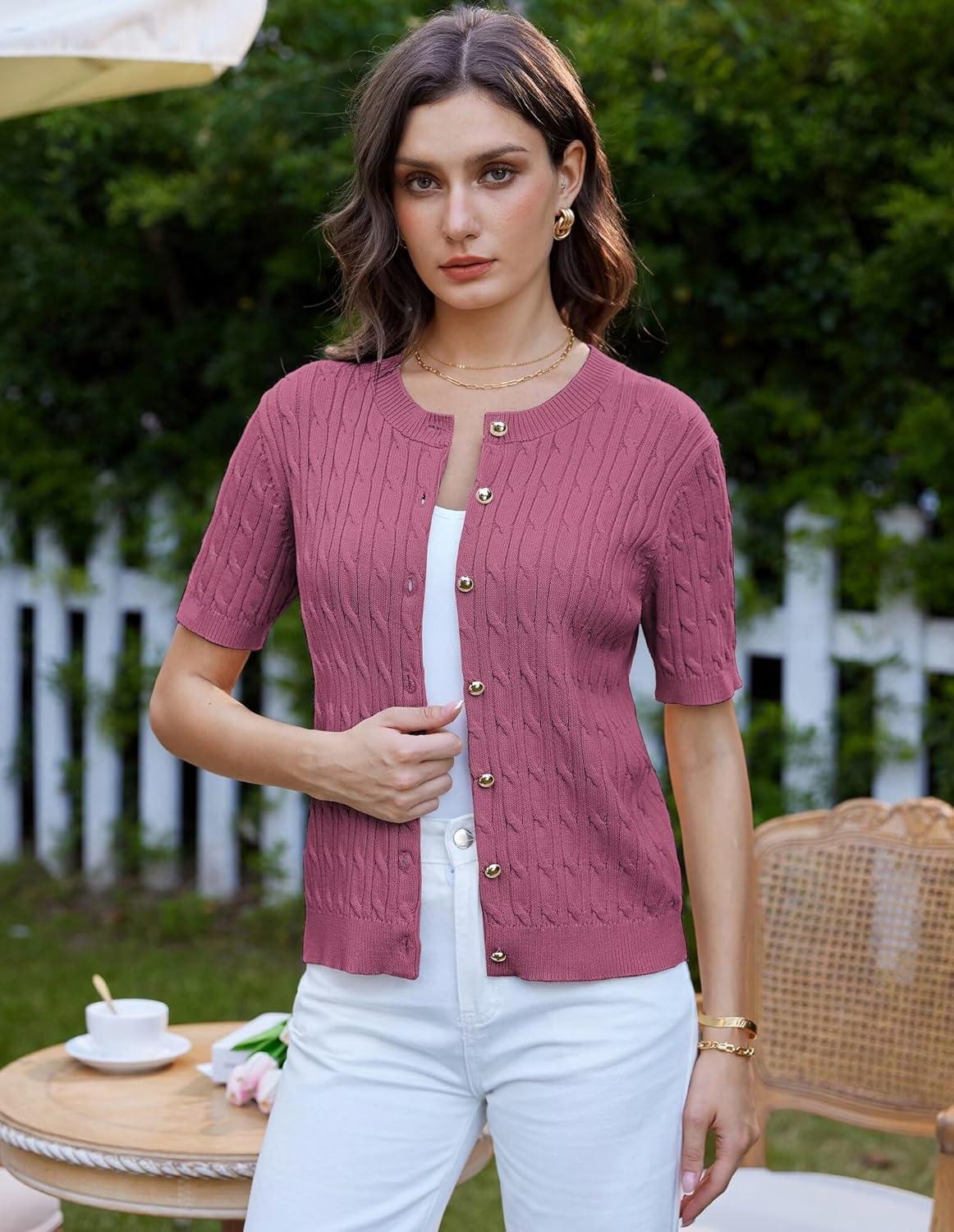 imageGRACE KARIN Womens Short Sleeve Button Up Summer Cardigan Sweater Y2K Cardigan Jacket Runs Big Suggest Size DownRose Red