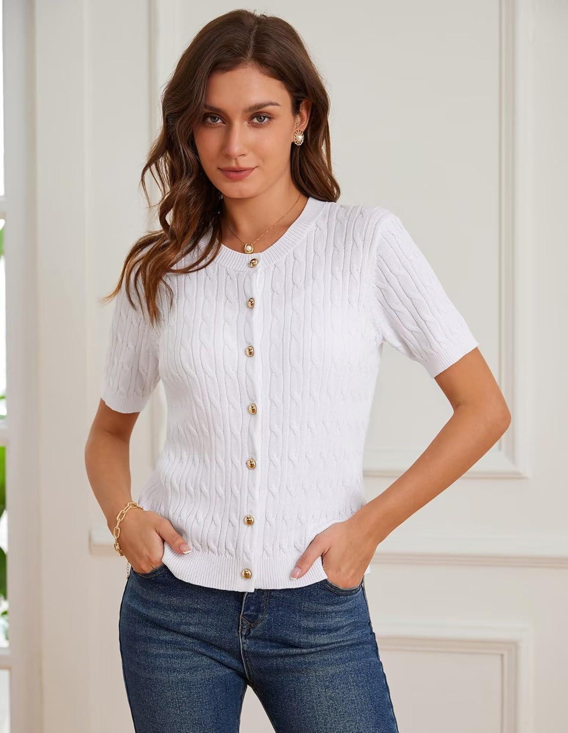 imageGRACE KARIN Womens Short Sleeve Button Up Summer Cardigan Sweater Y2K Cardigan Jacket Runs Big Suggest Size DownWhite