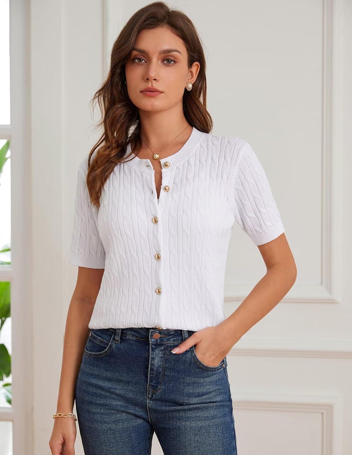 imageGRACE KARIN Womens Short Sleeve Button Up Summer Cardigan Sweater Y2K Cardigan Jacket Runs Big Suggest Size DownWhite