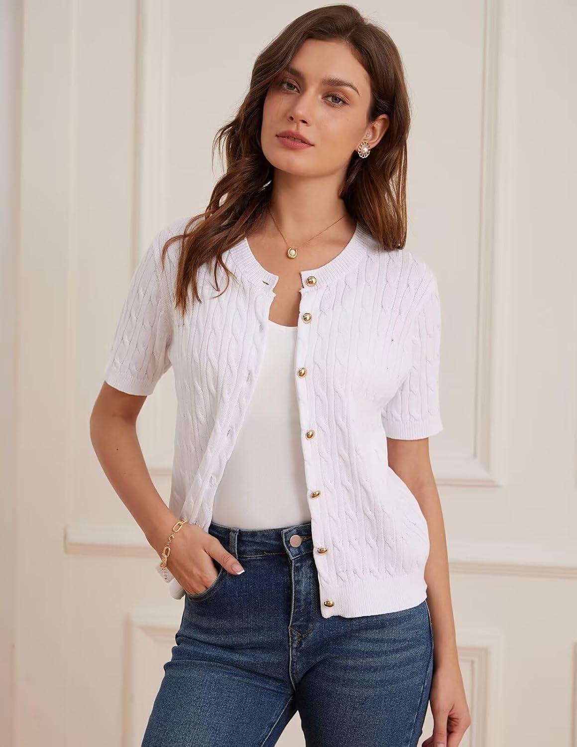 imageGRACE KARIN Womens Short Sleeve Button Up Summer Cardigan Sweater Y2K Cardigan Jacket Runs Big Suggest Size DownWhite