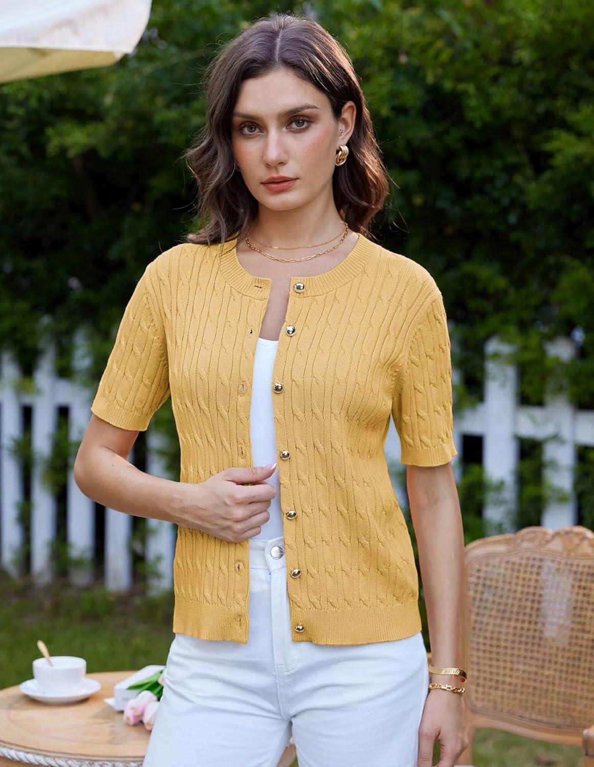 imageGRACE KARIN Womens Short Sleeve Button Up Summer Cardigan Sweater Y2K Cardigan Jacket Runs Big Suggest Size DownYellow