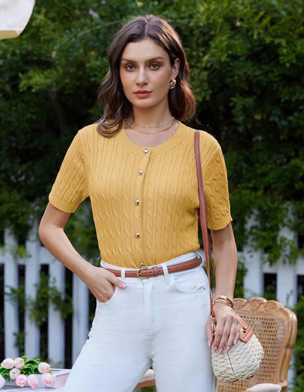 imageGRACE KARIN Womens Short Sleeve Button Up Summer Cardigan Sweater Y2K Cardigan Jacket Runs Big Suggest Size DownYellow