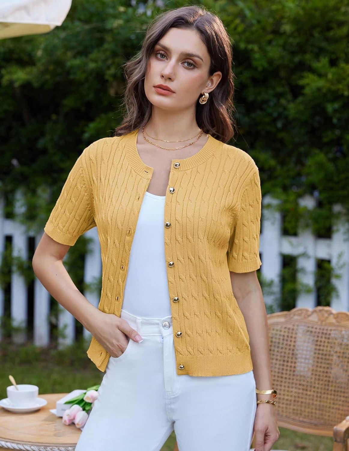 imageGRACE KARIN Womens Short Sleeve Button Up Summer Cardigan Sweater Y2K Cardigan Jacket Runs Big Suggest Size DownYellow