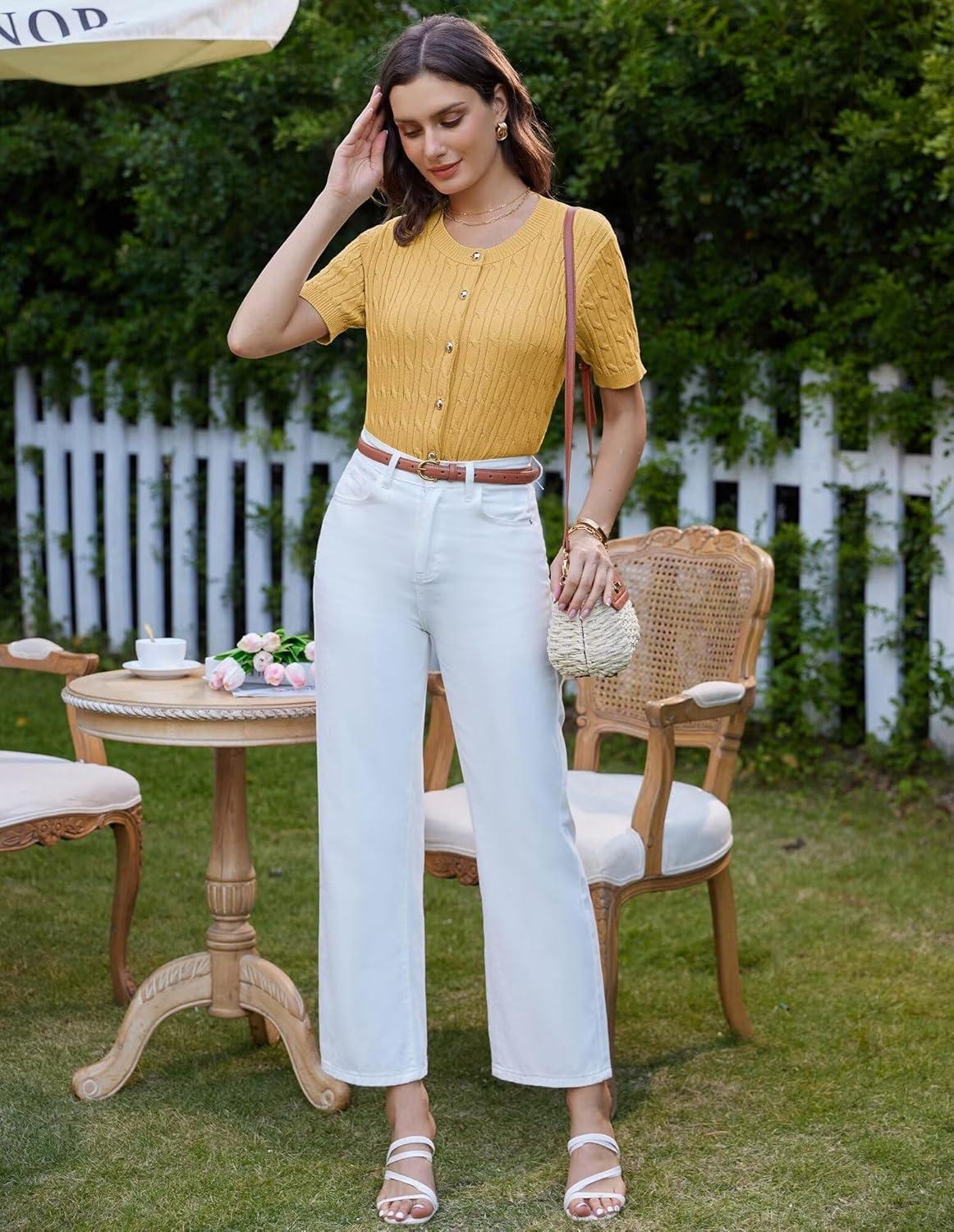 imageGRACE KARIN Womens Short Sleeve Button Up Summer Cardigan Sweater Y2K Cardigan Jacket Runs Big Suggest Size DownYellow