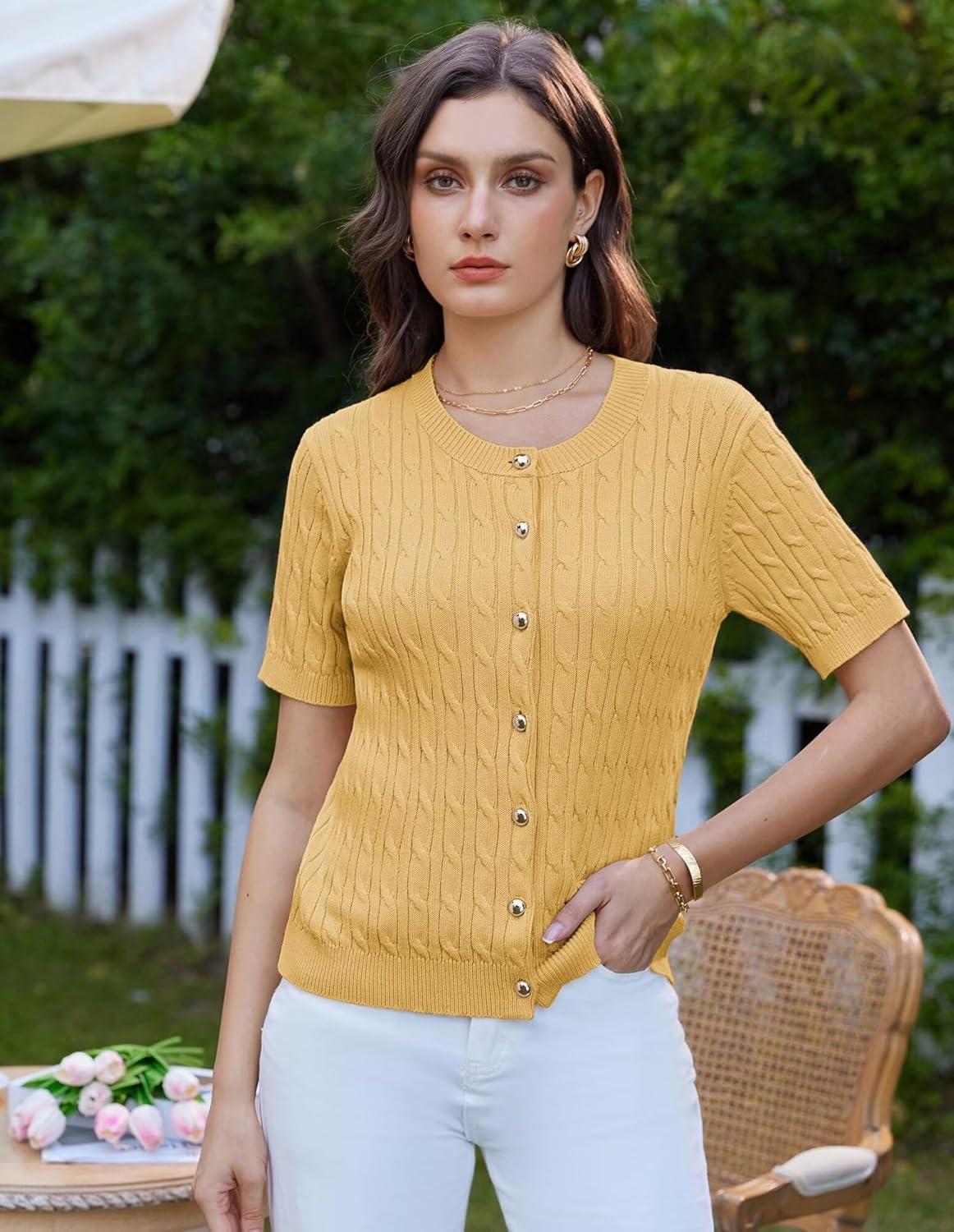 imageGRACE KARIN Womens Short Sleeve Button Up Summer Cardigan Sweater Y2K Cardigan Jacket Runs Big Suggest Size DownYellow