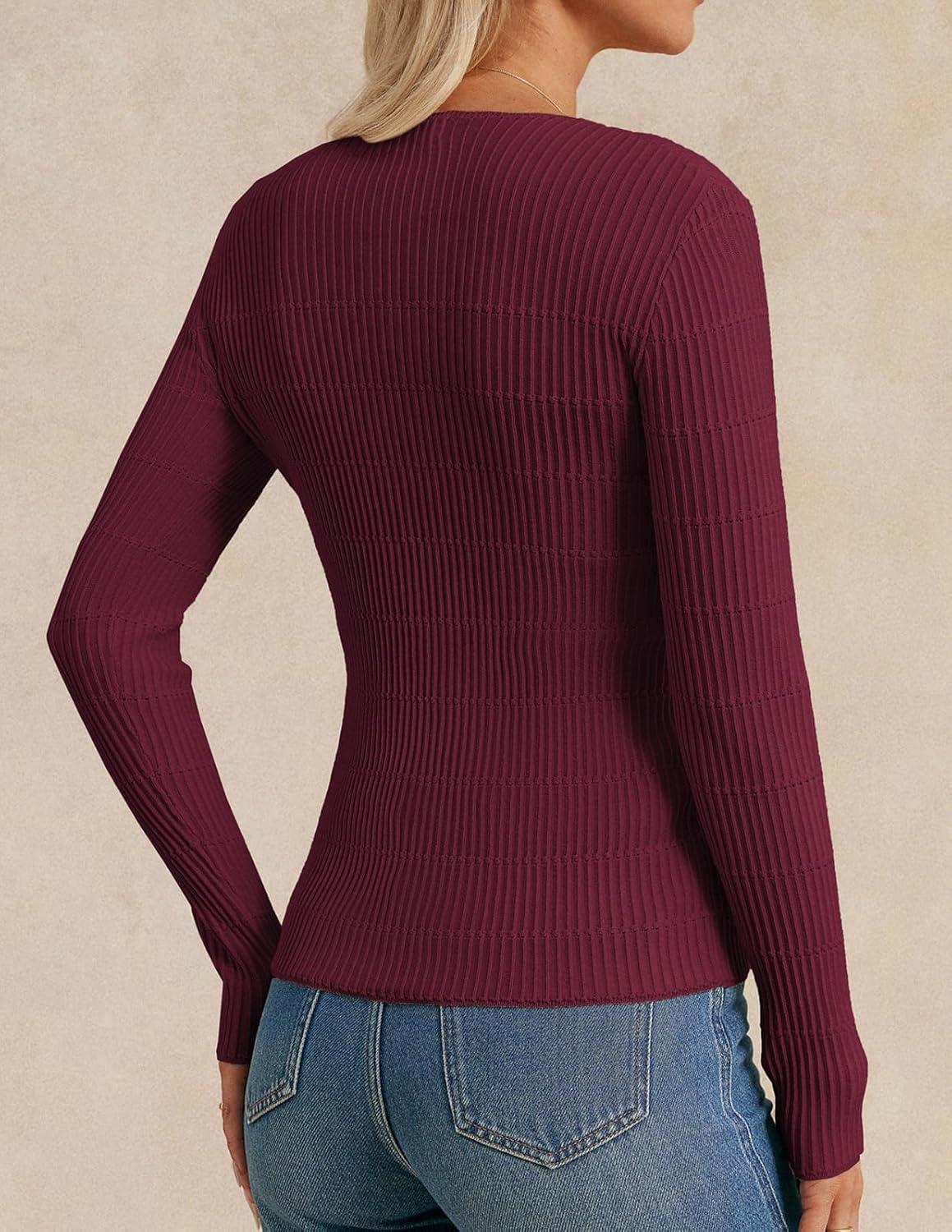 imageGRACE KARIN Womens Spring Wool Blend Sweater Tops Long Sleeve Ribbed Pullover 2026 Knitted Casual BlouseWine Red
