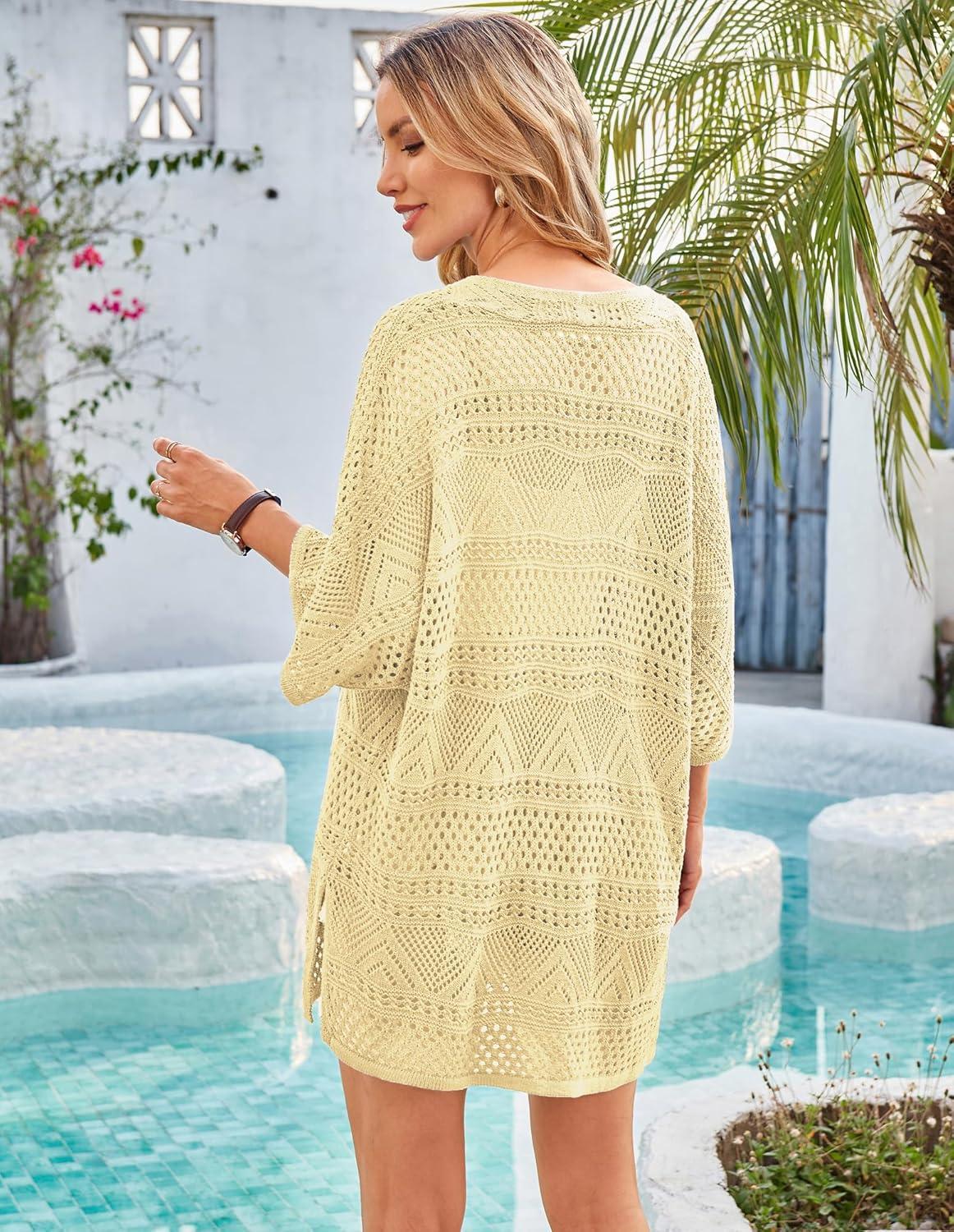 imageGRACE KARIN Womens Summer Short Sleeve Crochet Cardigan Sweaters Lightweight 2026 Oversized Knit Boho Kimono CardigansButter Yellow