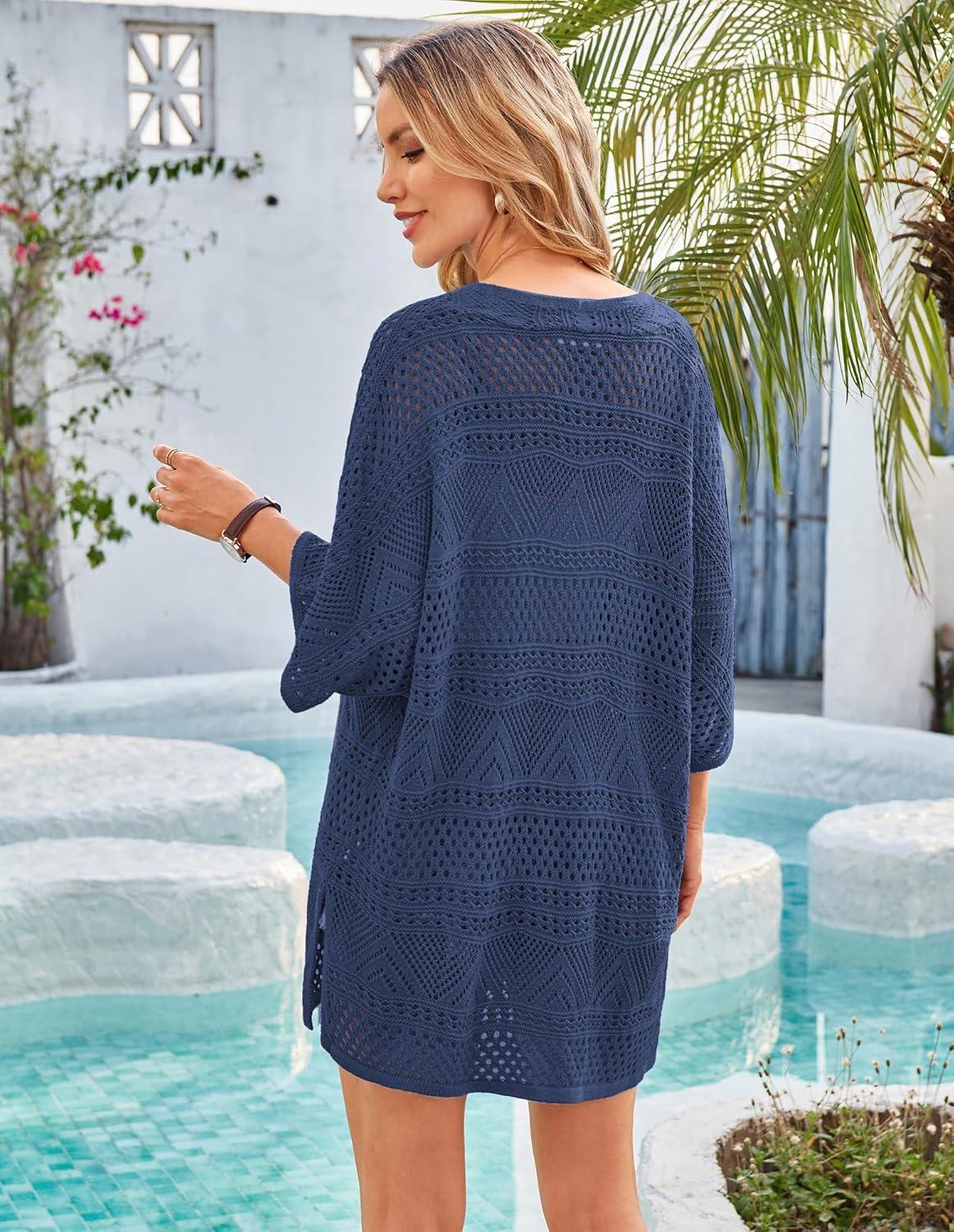 imageGRACE KARIN Womens Summer Short Sleeve Crochet Cardigan Sweaters Lightweight 2026 Oversized Knit Boho Kimono CardigansNavy Blue