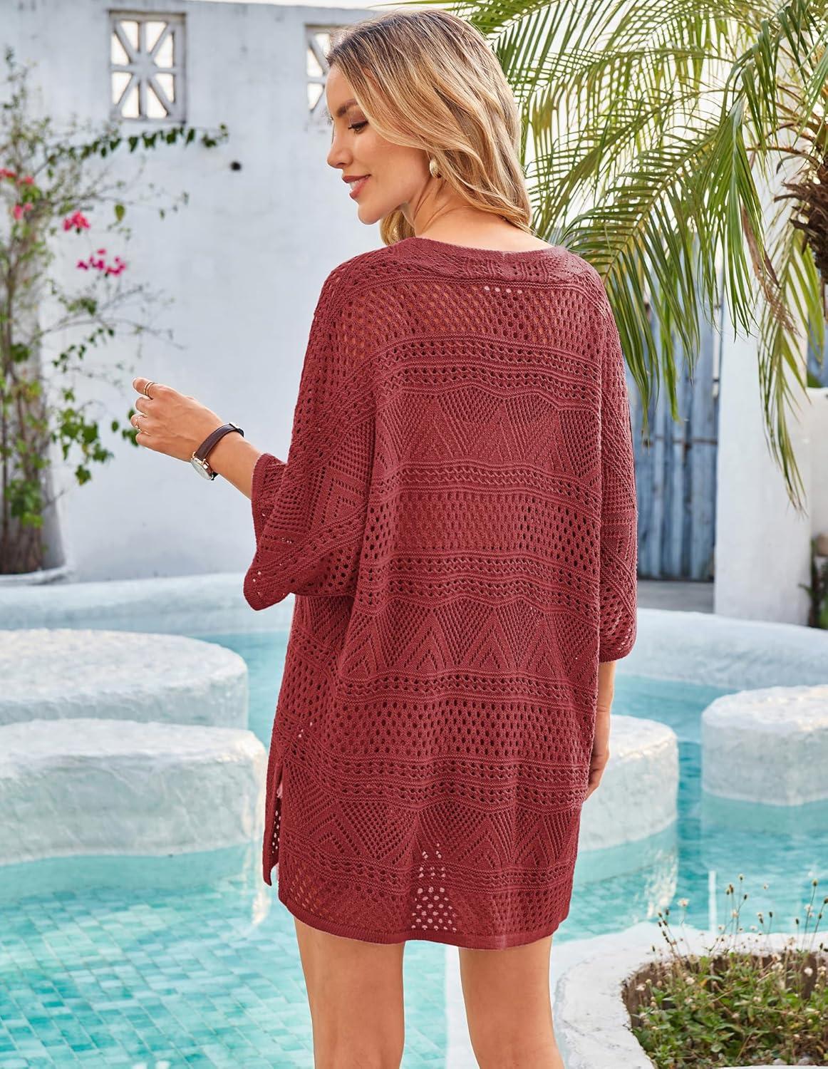 imageGRACE KARIN Womens Summer Short Sleeve Crochet Cardigan Sweaters Lightweight 2026 Oversized Knit Boho Kimono CardigansRed