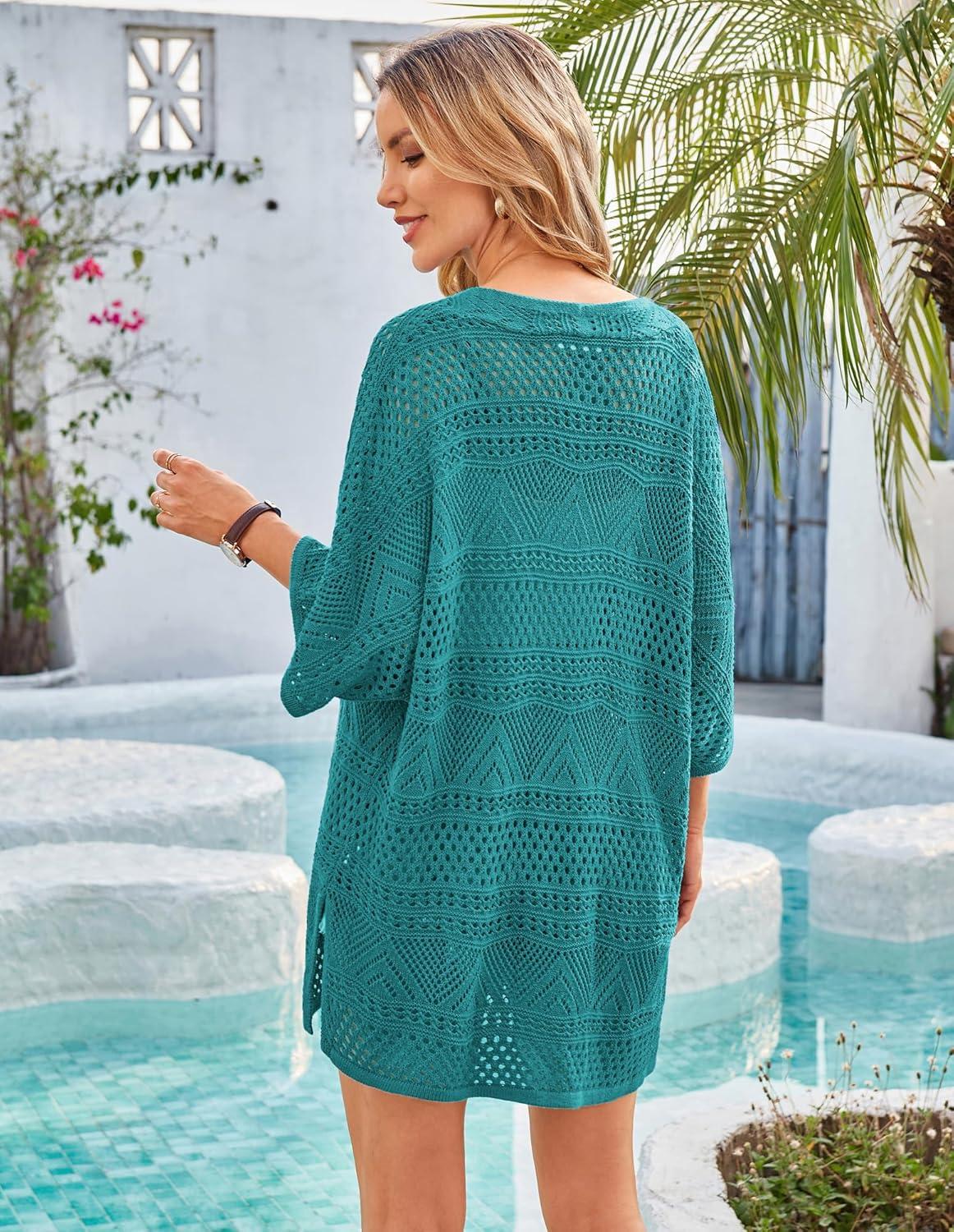 imageGRACE KARIN Womens Summer Short Sleeve Crochet Cardigan Sweaters Lightweight 2026 Oversized Knit Boho Kimono CardigansTeal Blue