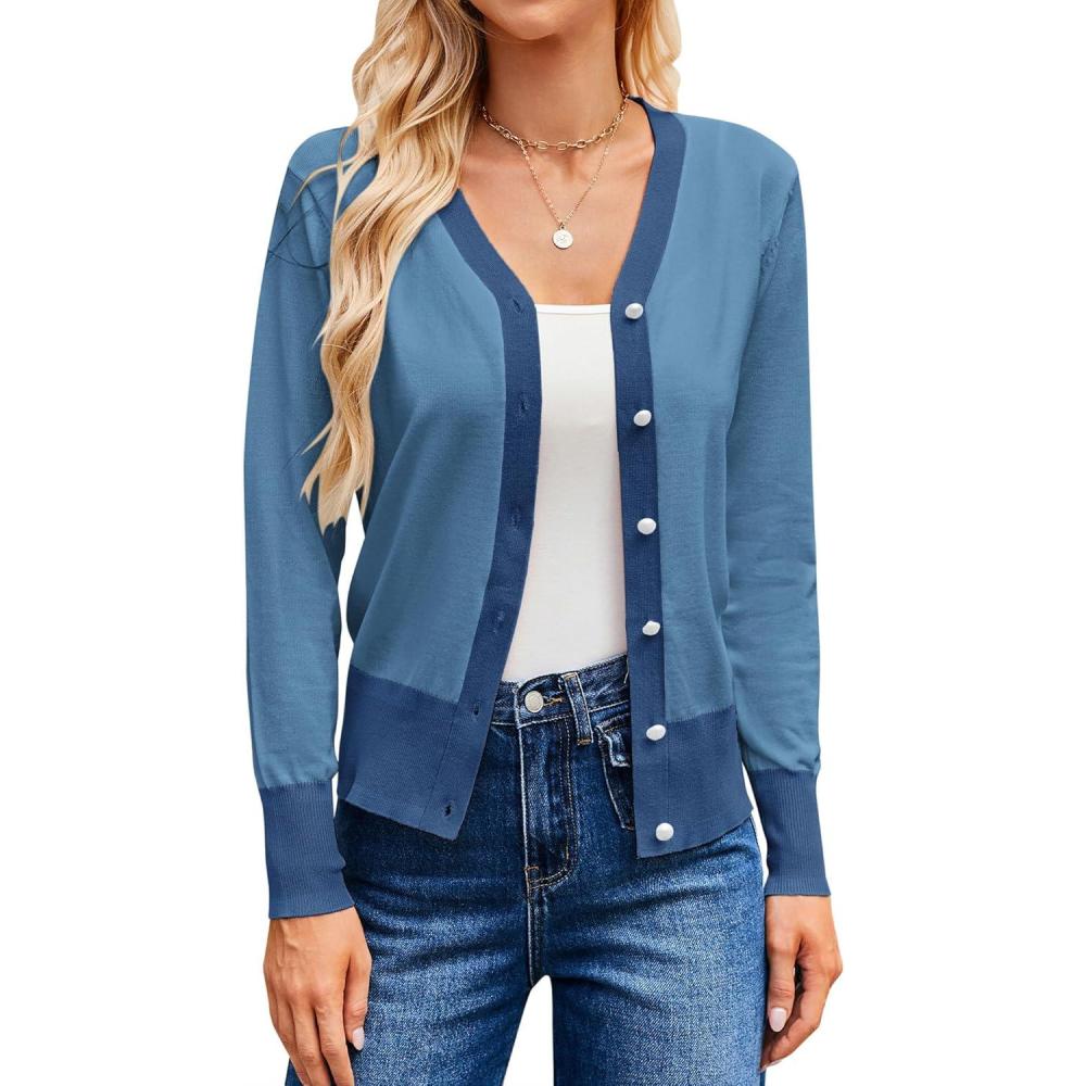 imageGRACE KARIN Cardigan for Women V Neck Long Sleeve Slim Fit Sweaters Color Block Sweater Fashion Clothes 2026 Gray BlueXL