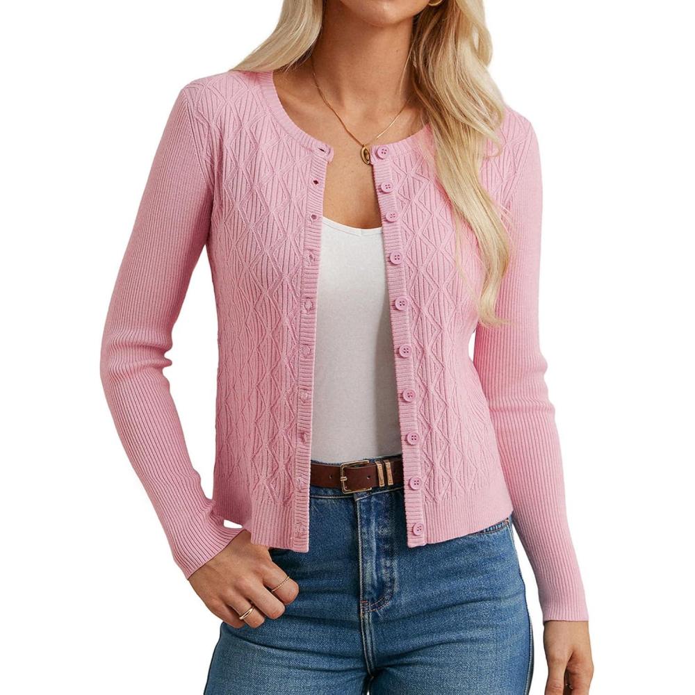 imageGRACE KARIN Knit Cardigan Sweaters Long Sleeve Lightweight Sweater Button Open Front Cropped CardigansPink
