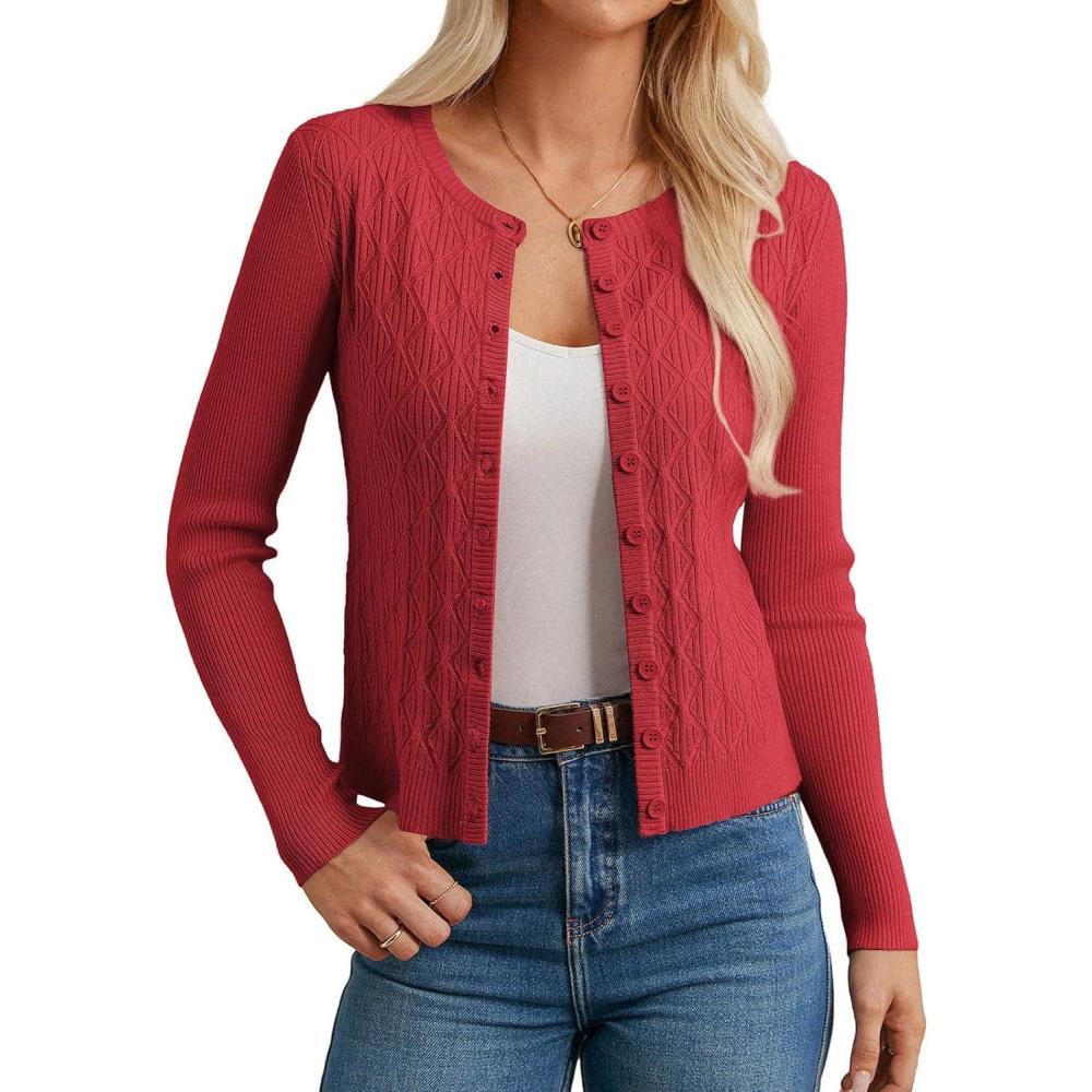 imageGRACE KARIN Knit Cardigan Sweaters Long Sleeve Lightweight Sweater Button Open Front Cropped CardigansRed