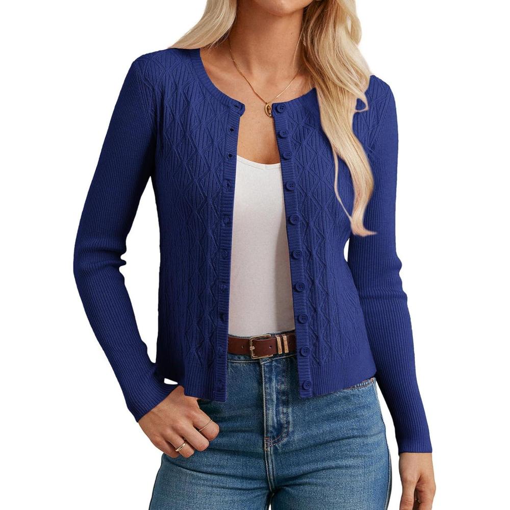 imageGRACE KARIN Knit Cardigan Sweaters Long Sleeve Lightweight Sweater Button Open Front Cropped CardigansRoyal Blue
