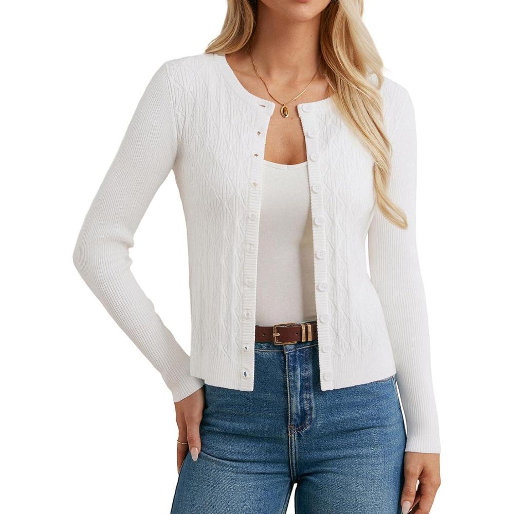imageGRACE KARIN Knit Cardigan Sweaters Long Sleeve Lightweight Sweater Button Open Front Cropped CardigansWhite
