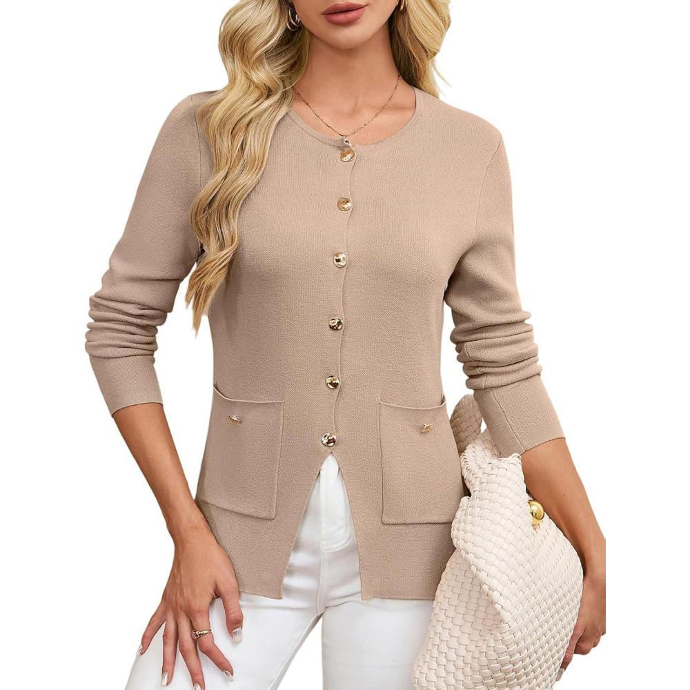 imageGRACE KARIN Women Sweater Blazers Business Casual Button Up Knit Cardigan Sweaters Long Sleeve Peplum Tops for Women TrendyKhaki