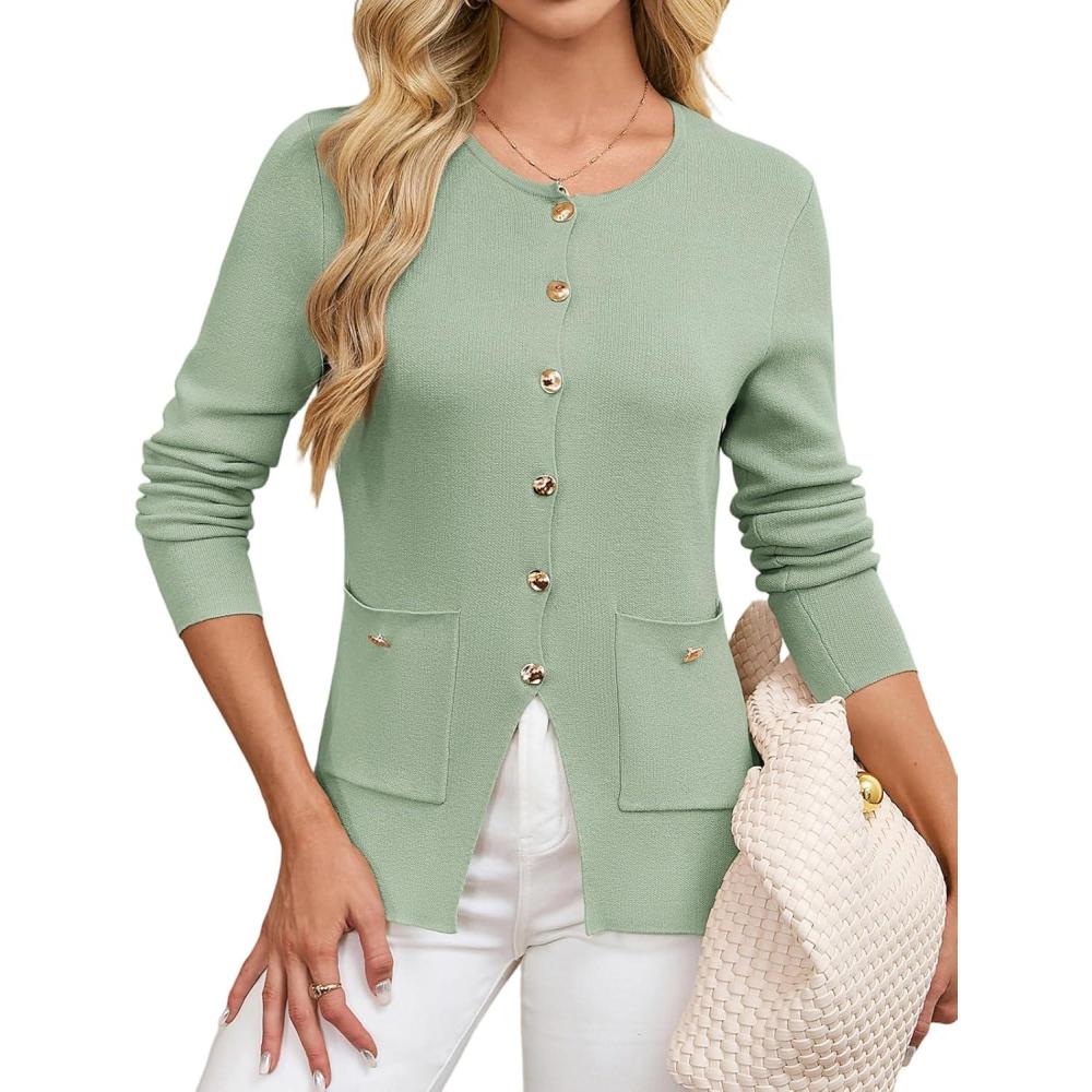 imageGRACE KARIN Women Sweater Blazers Business Casual Button Up Knit Cardigan Sweaters Long Sleeve Peplum Tops for Women TrendyLight Green