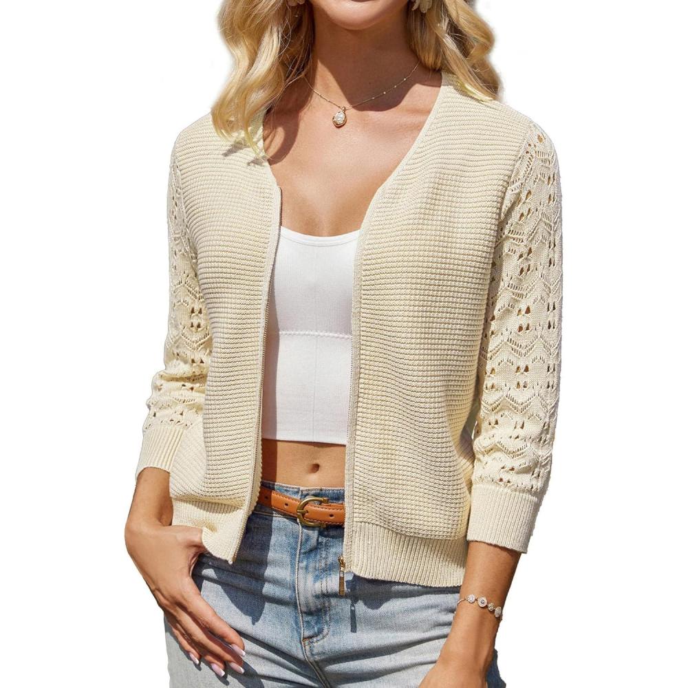 imageGRACE KARIN Womens Lightweight Summer Cardigan 34 Sleeve Cropped Cardigan Dressy Zip Up Sweaters Jacket ClothesBeige