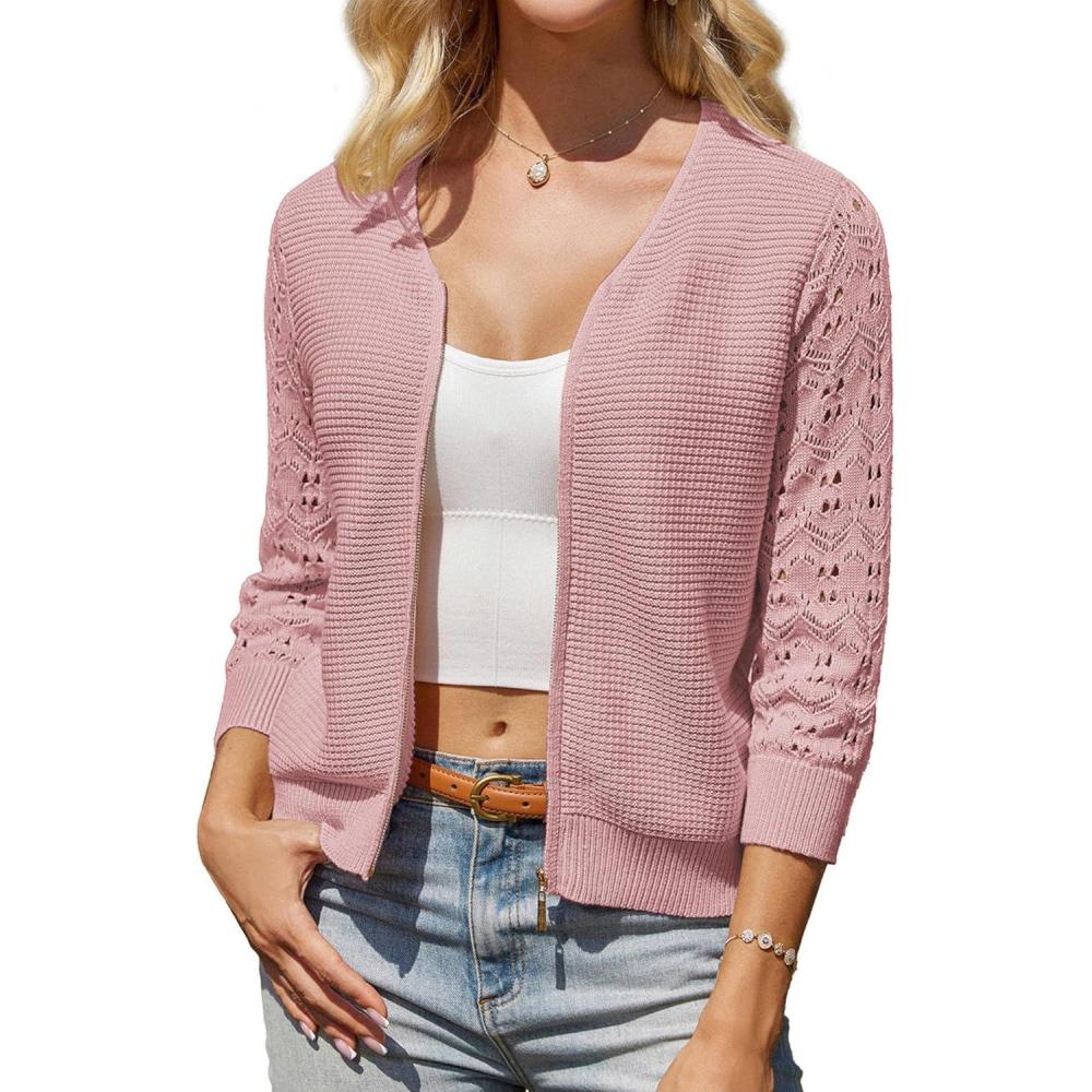 imageGRACE KARIN Womens Lightweight Summer Cardigan 34 Sleeve Cropped Cardigan Dressy Zip Up Sweaters Jacket ClothesPink